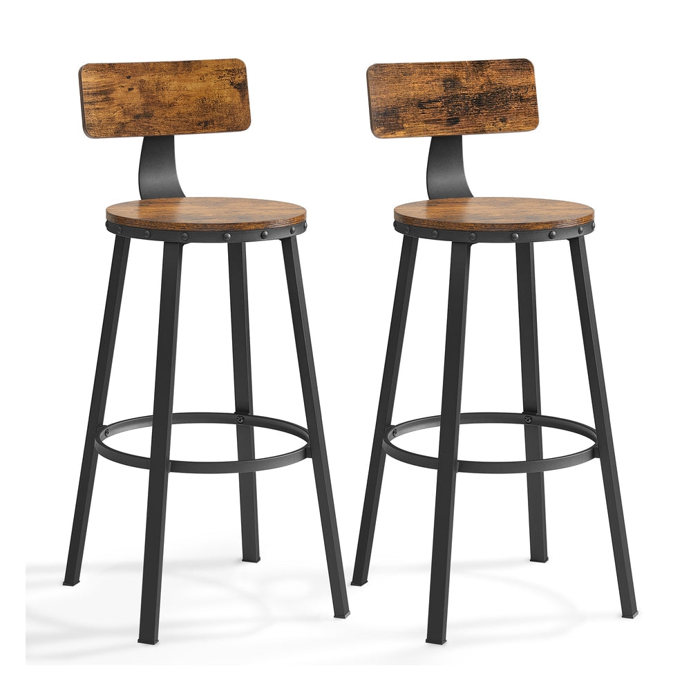 Set of 2 Industrial Brown Bar Stools - Wood and Steel - Rustic Brown