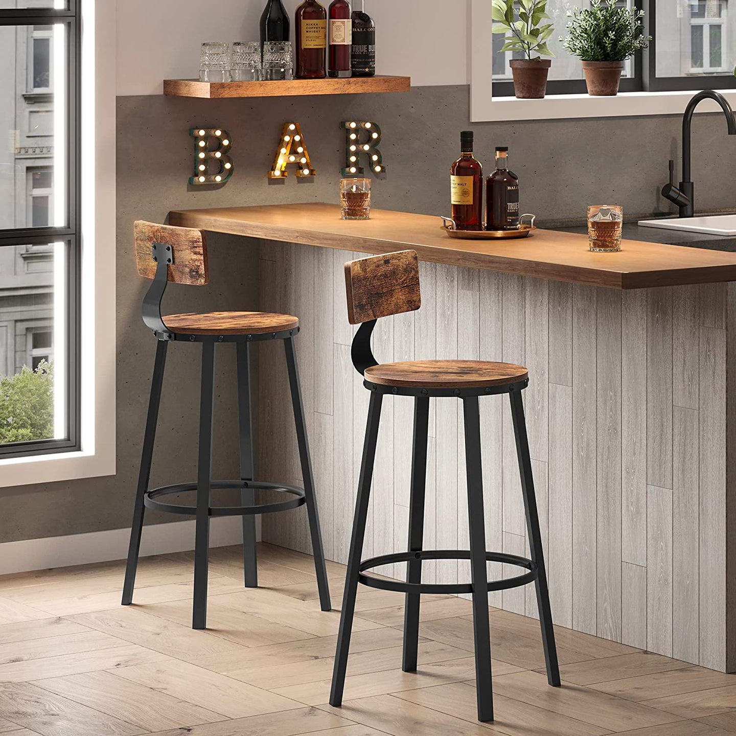 Set of 2 Industrial Brown Bar Stools - Wood and Steel - Rustic Brown