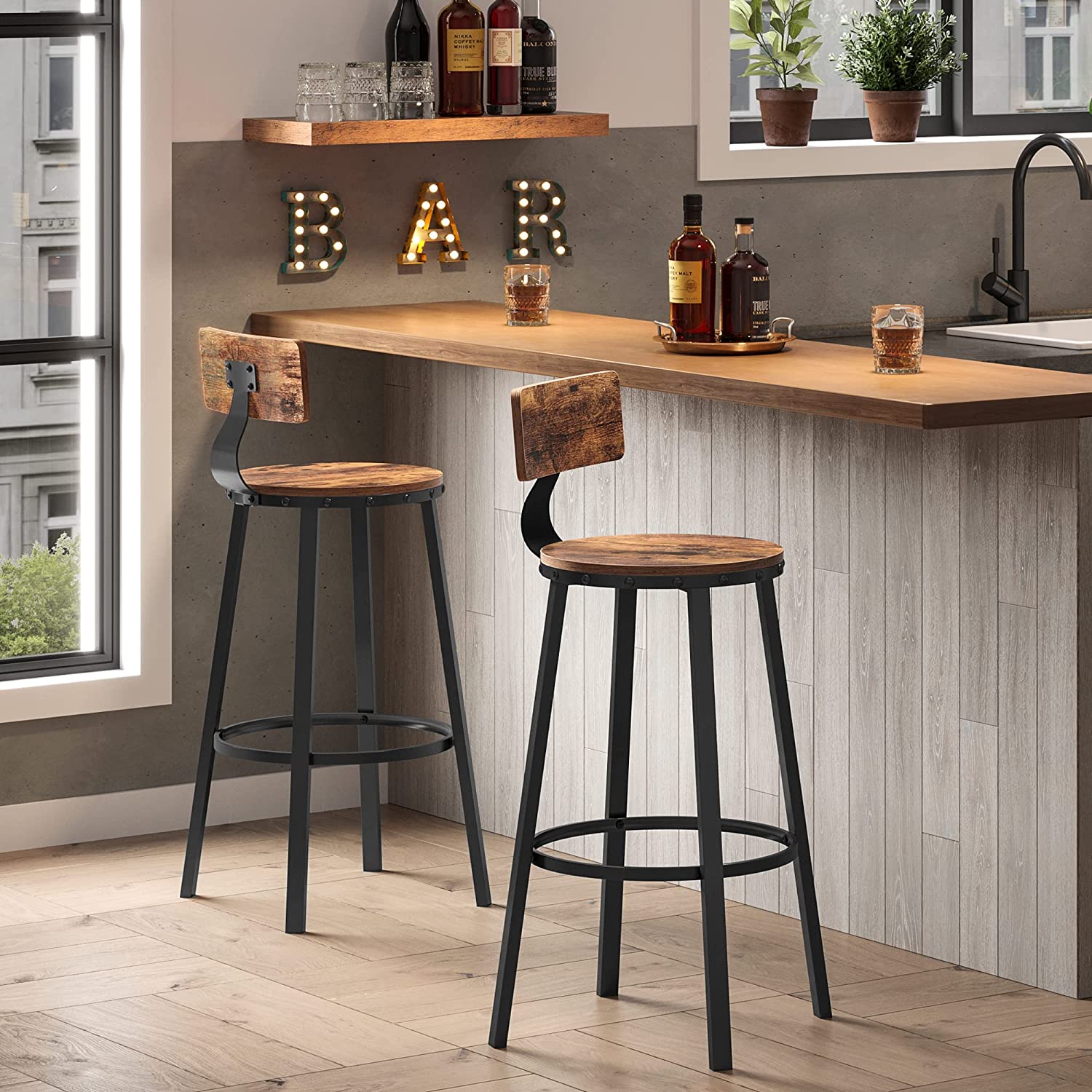 Set of 2 Industrial Brown Bar Stools - Wood and Steel - Rustic Brown