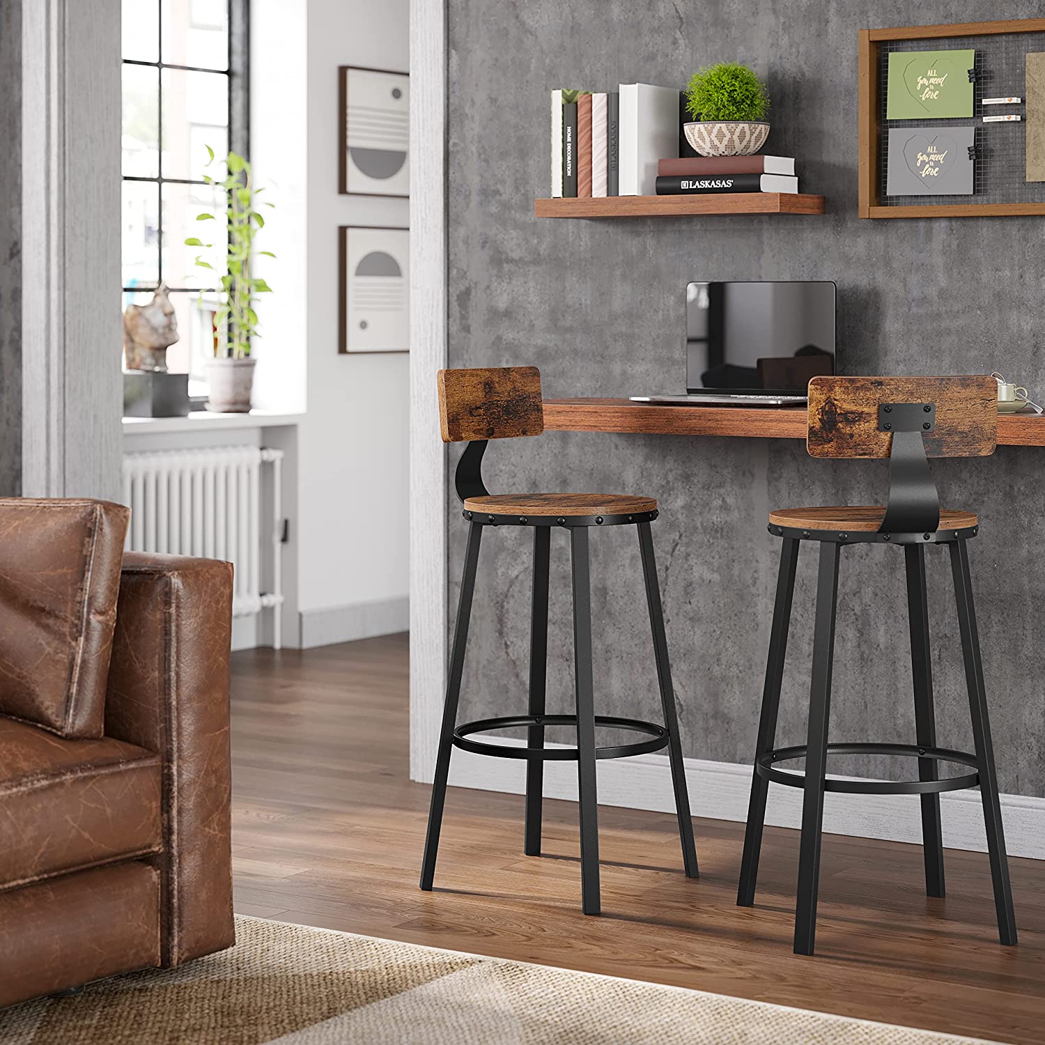 Set of 2 Industrial Brown Bar Stools - Wood and Steel - Rustic Brown