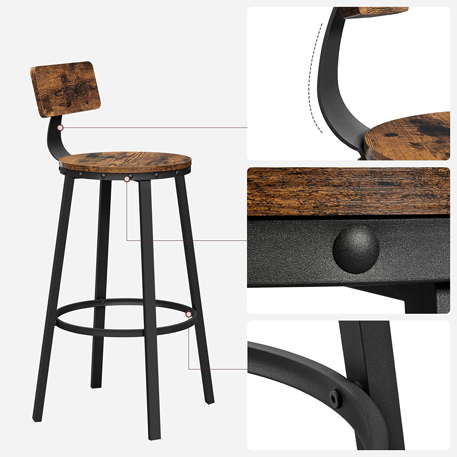 Set of 2 Industrial Brown Bar Stools - Wood and Steel - Rustic Brown