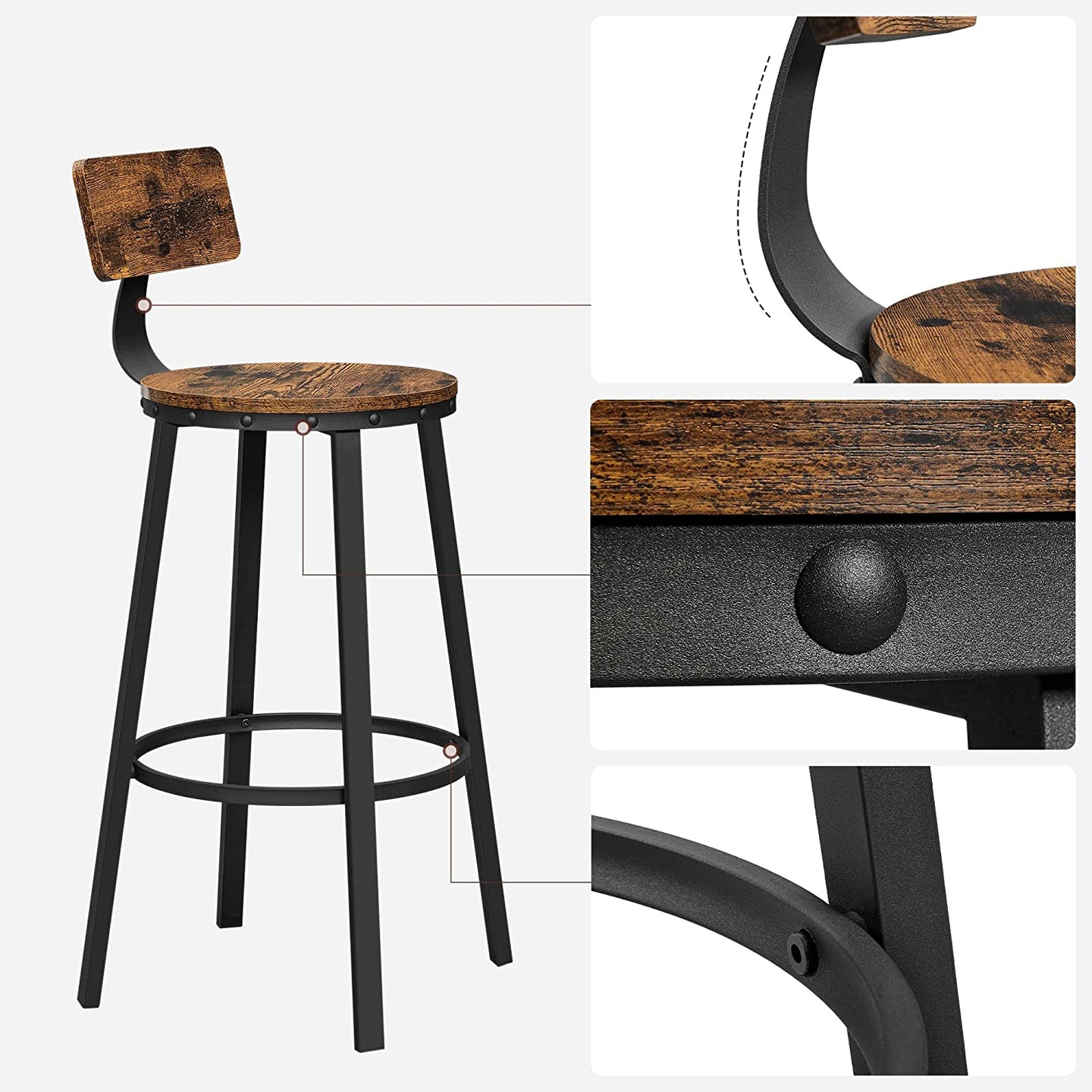 Set of 2 Industrial Brown Bar Stools - Wood and Steel - Rustic Brown