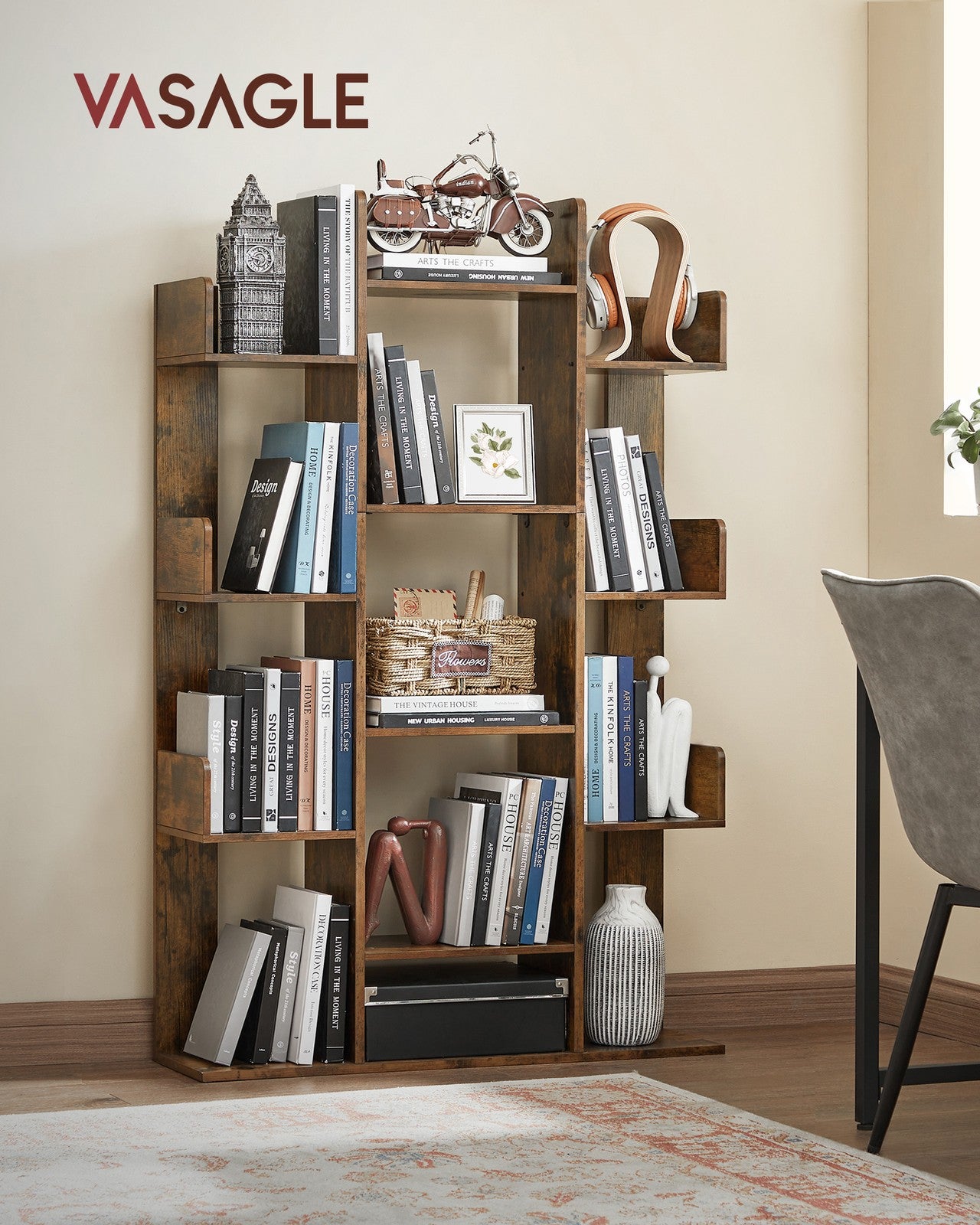 13 Storage Shelves Bookshelf - Wood and Melamine Veneer - Rustic Brown