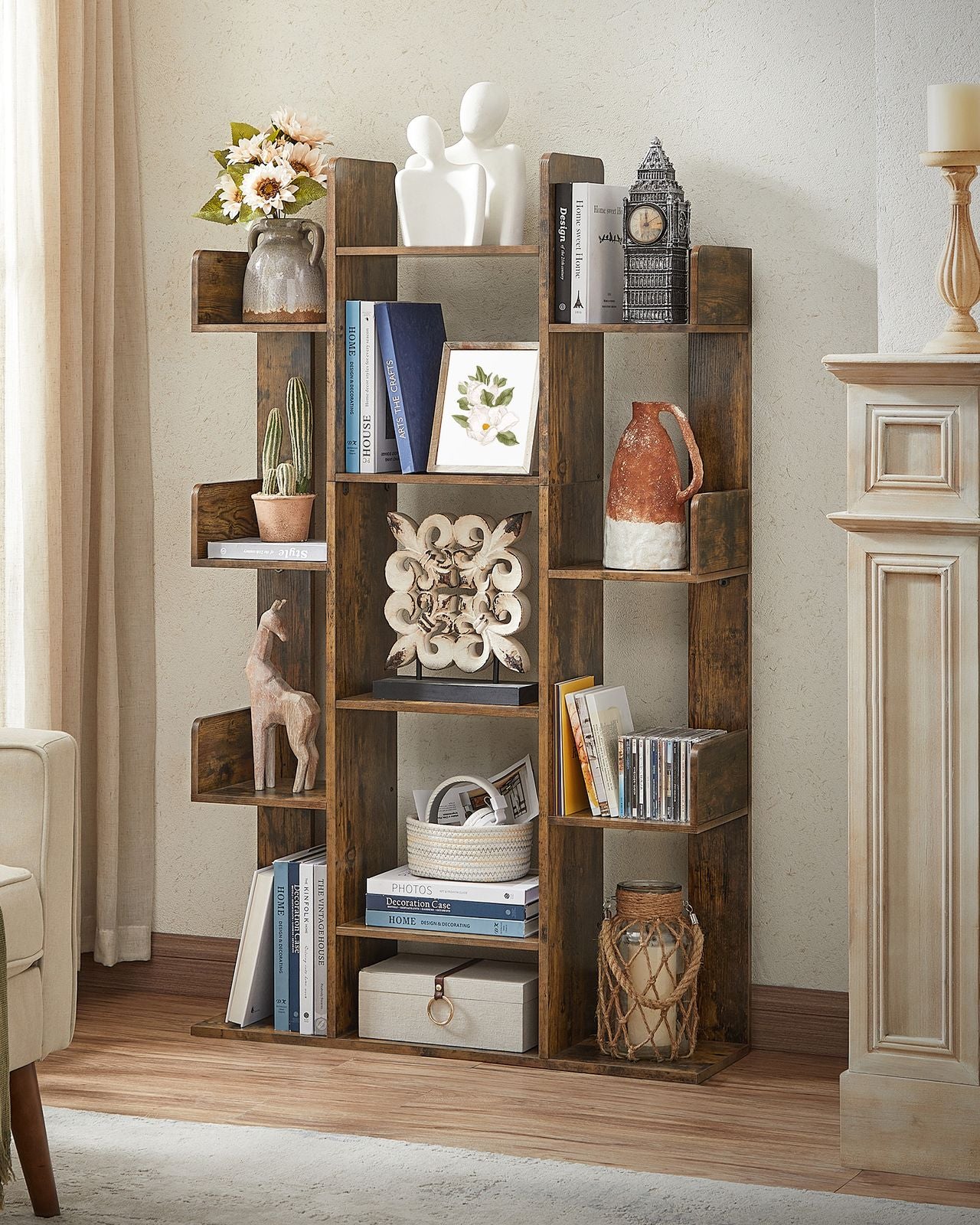 13 Storage Shelves Bookshelf - Wood and Melamine Veneer - Rustic Brown