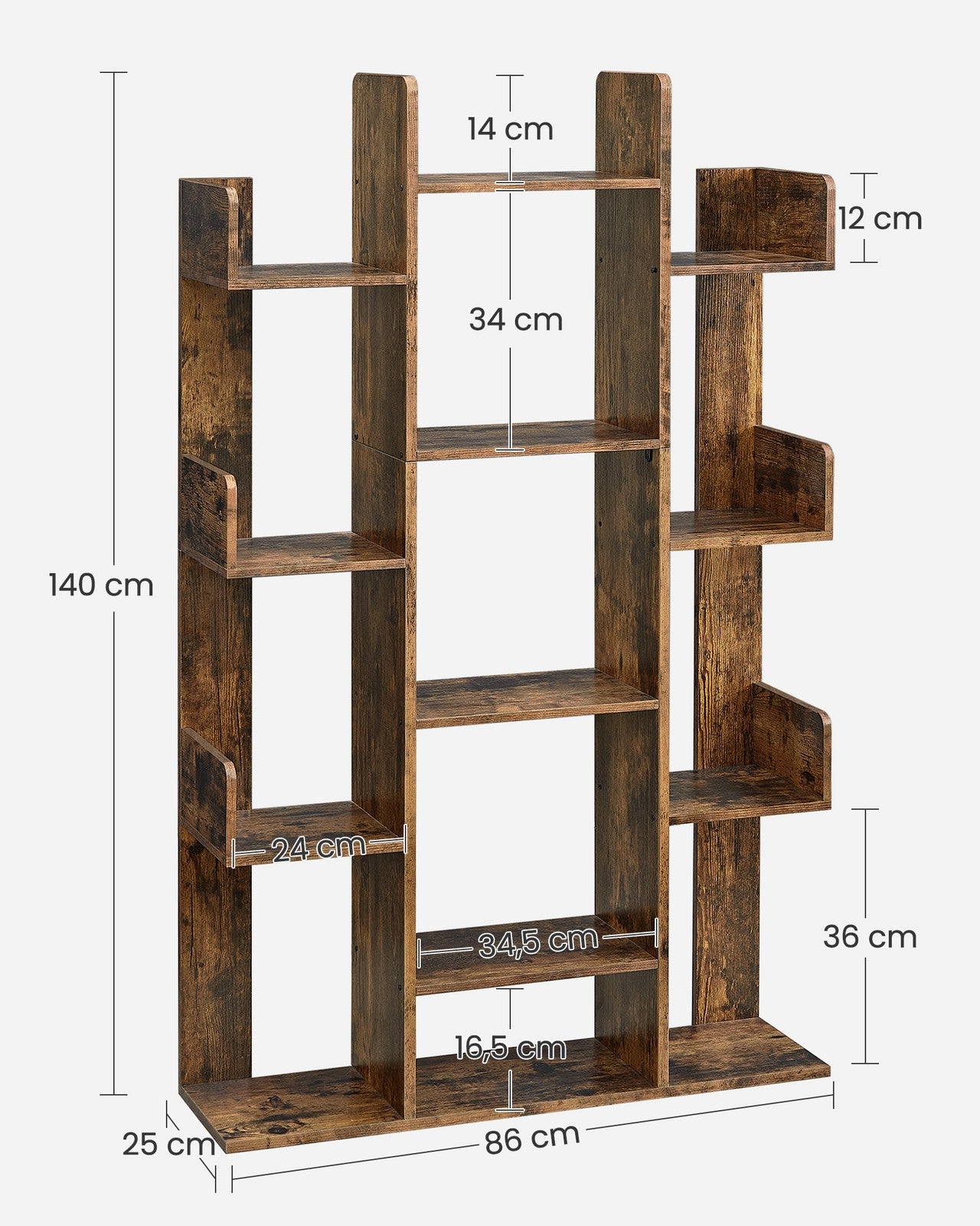 13 Storage Shelves Bookshelf - Wood and Melamine Veneer - Rustic Brown