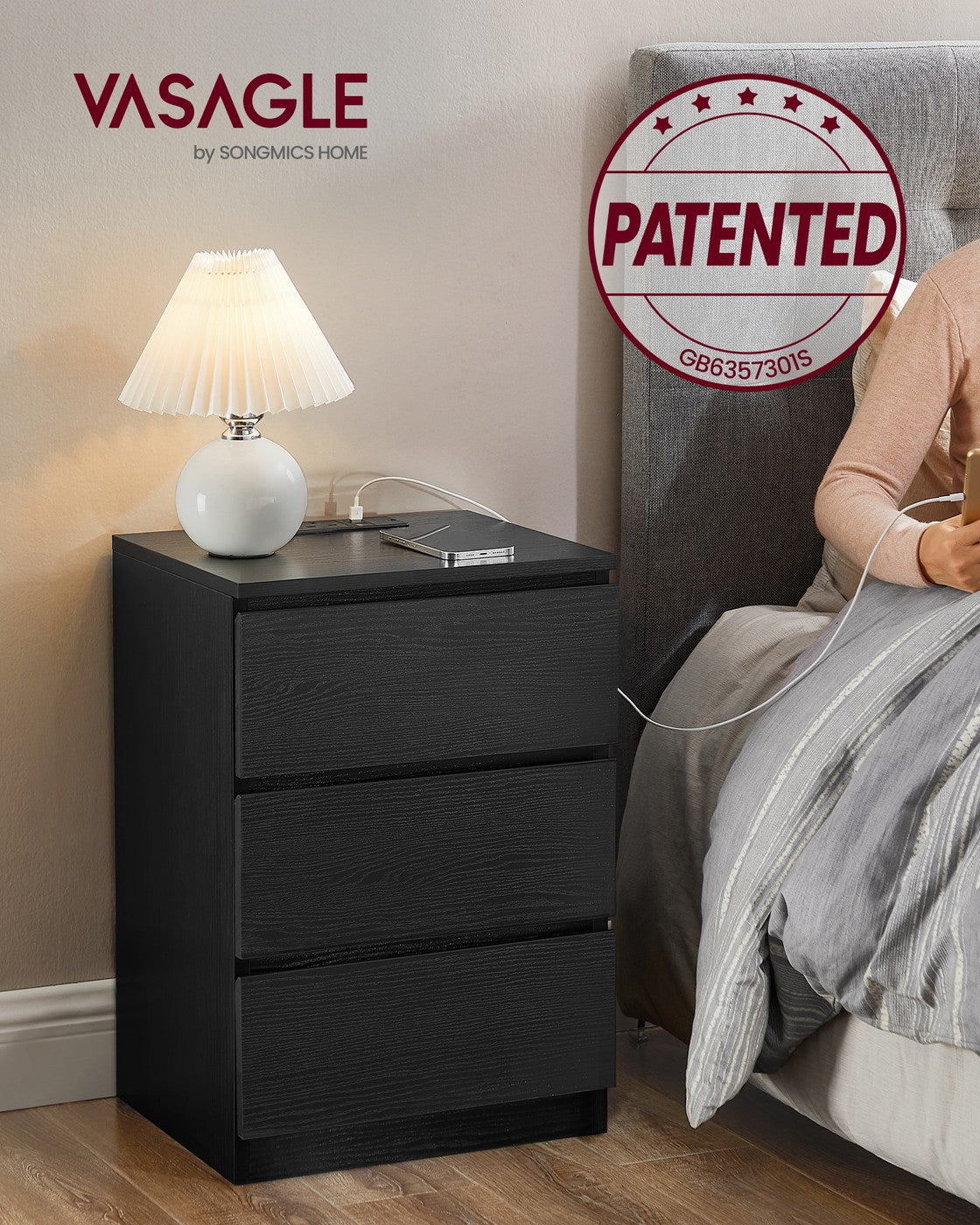 KAILYN Collection Bedside Tables - Wood - Ebony Black