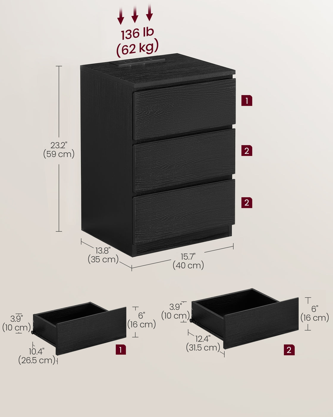 KAILYN Collection Bedside Tables - Wood - Ebony Black