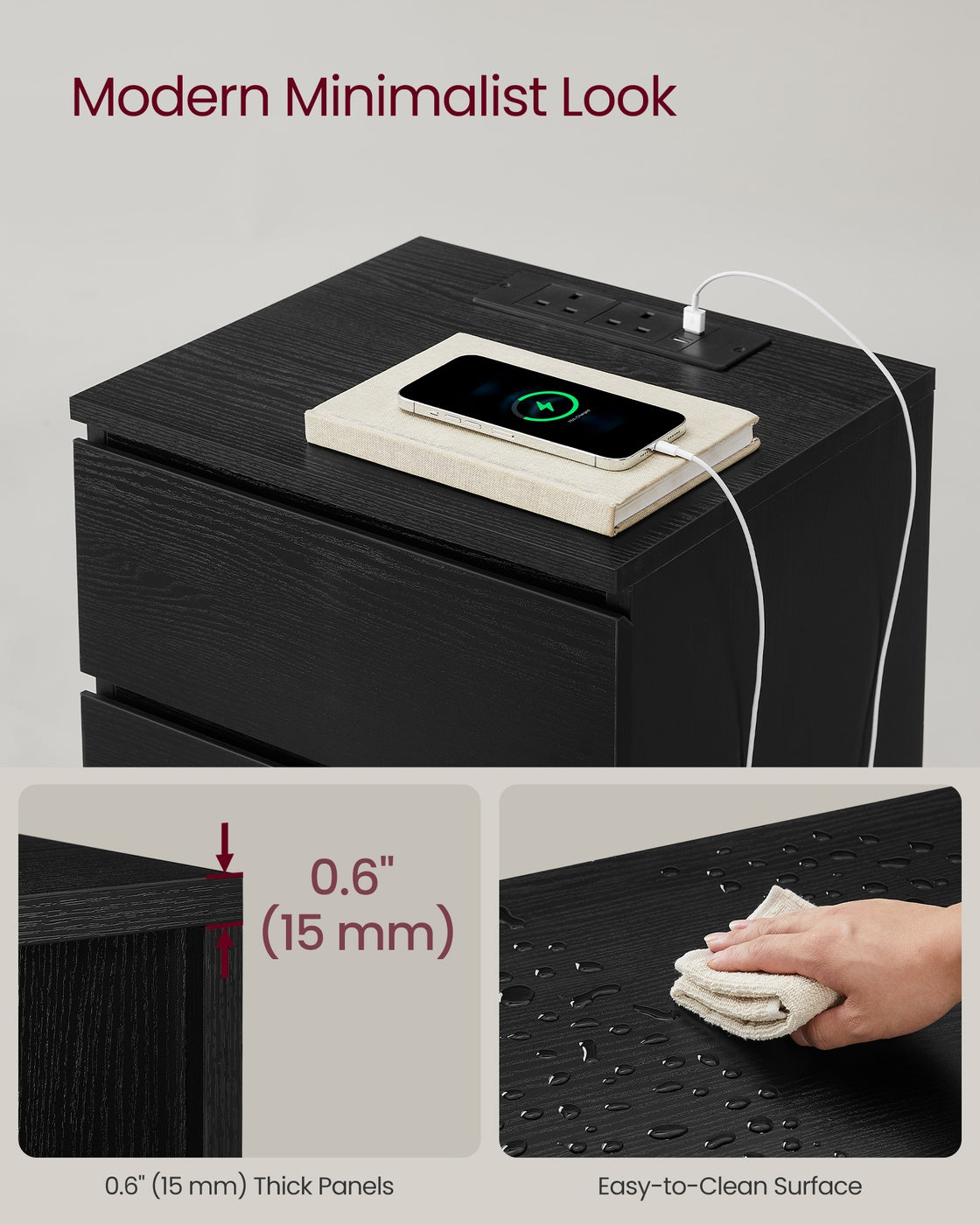 KAILYN Collection Bedside Tables - Wood - Ebony Black