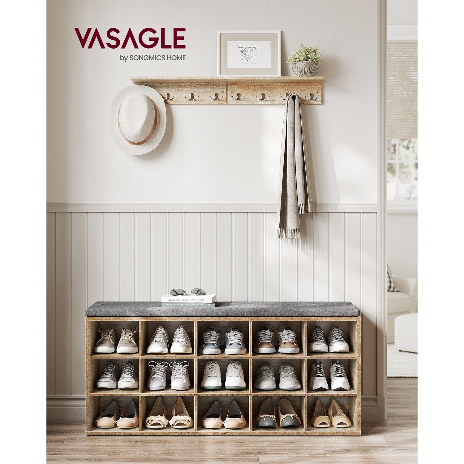 Shoe Storage Bench - Wood and Foam - Oak With Blue Grains