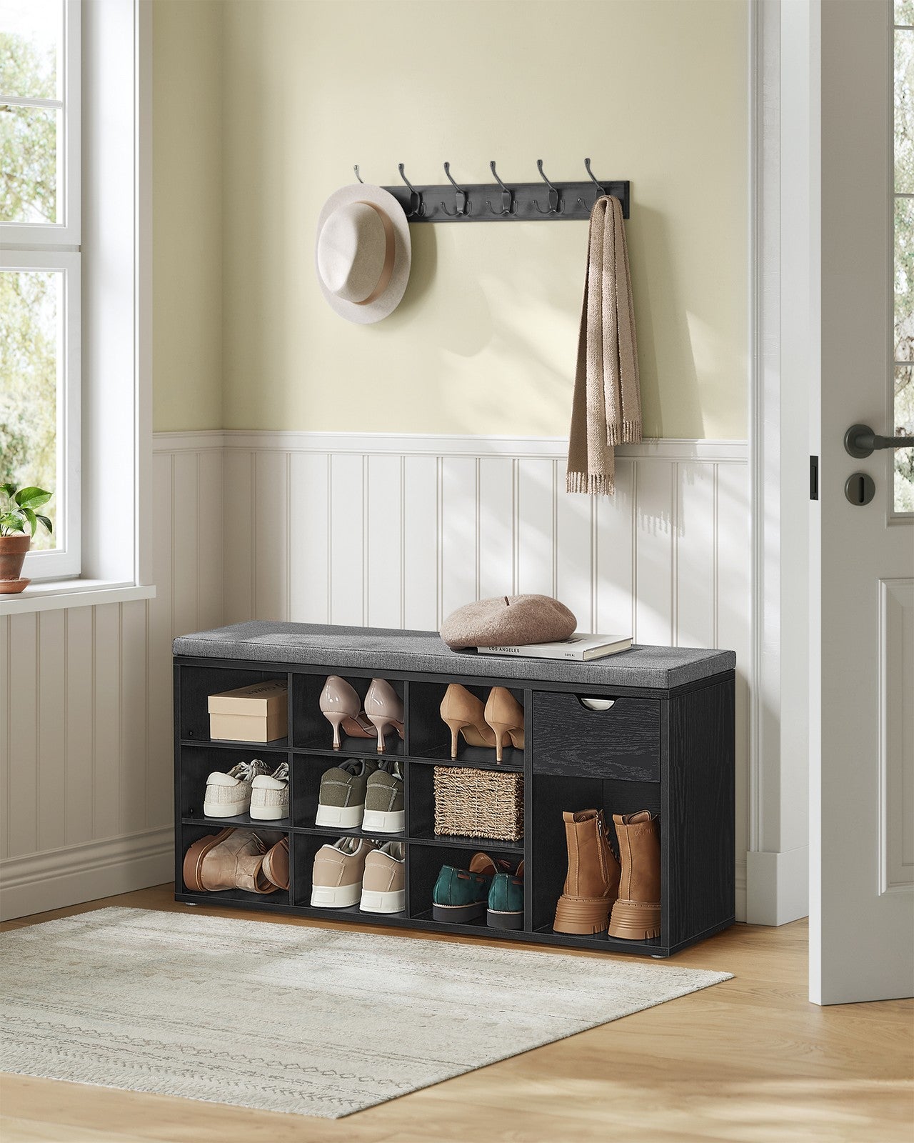 Shoe Storage Bench - Wood and MDF - Ebony Black and Slate Grey