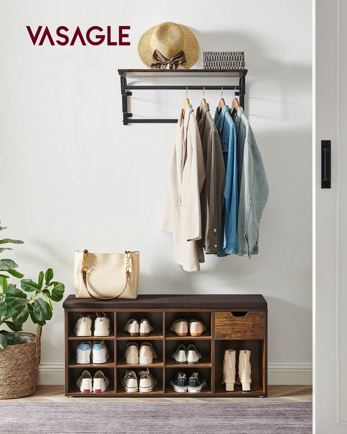 Shoe Storage Bench Hallway Bench - Wood and MDF - Rustic Brown
