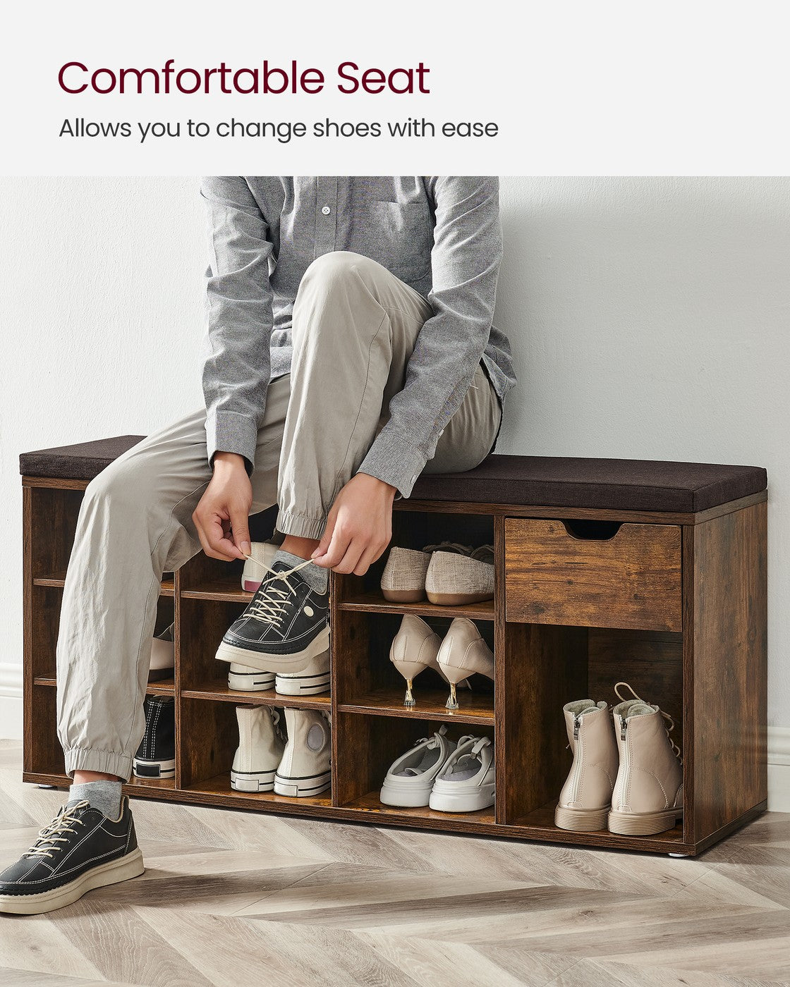 Shoe Storage Bench Hallway Bench - Wood and MDF - Rustic Brown