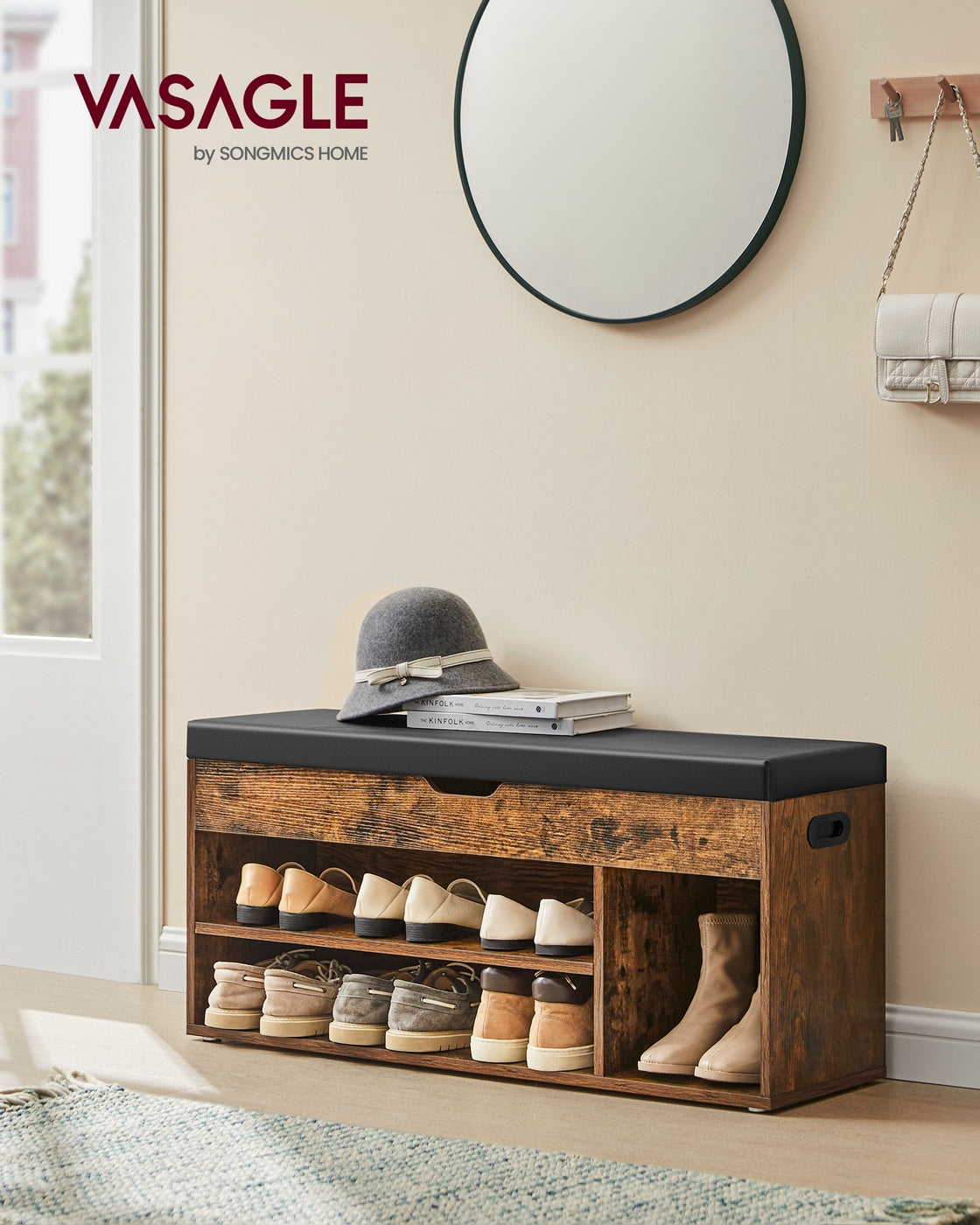 Shoe Bench - Wood and Foam - Rustic Brown - with Cushion Load Capacity
