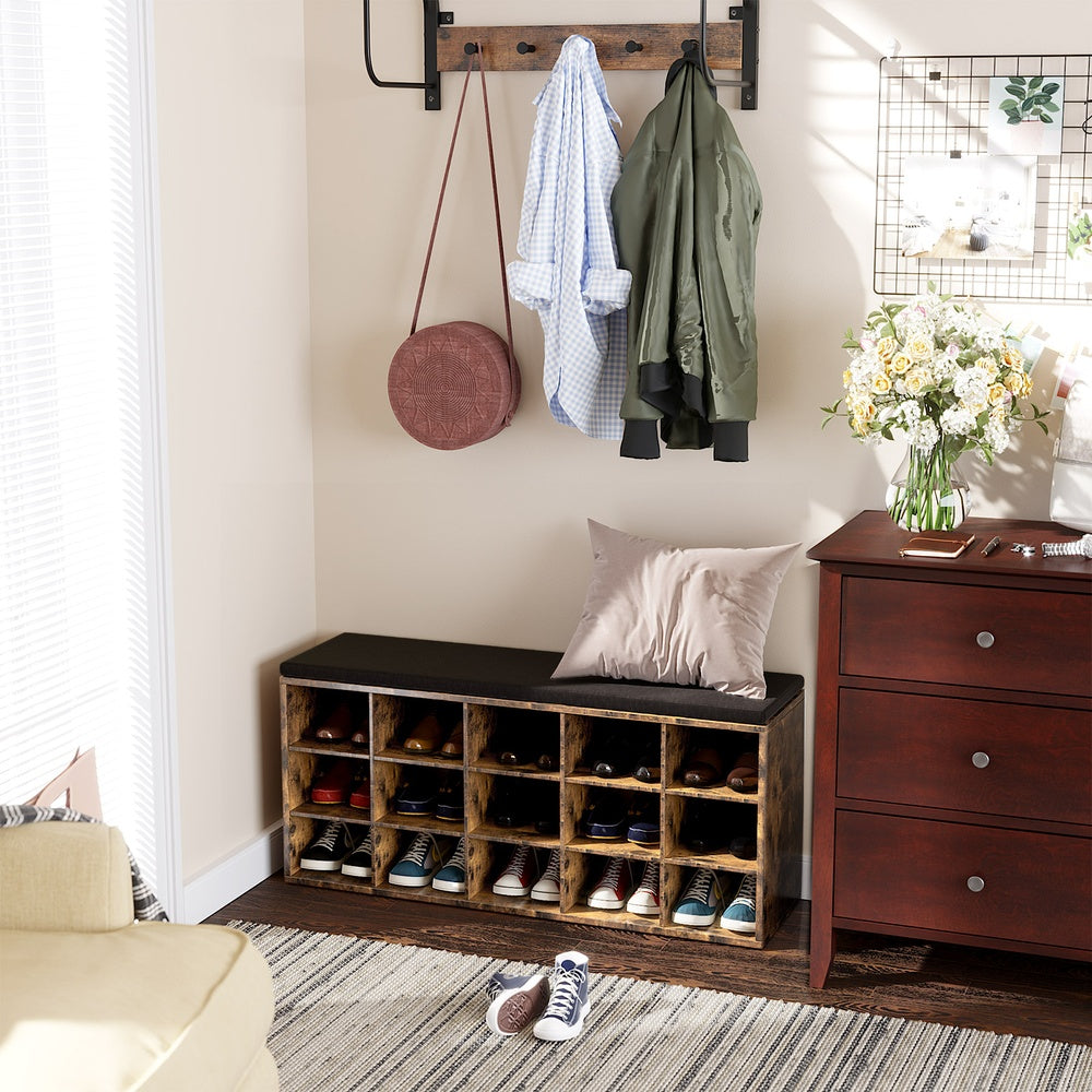 Shoe Bench Storage Bench - Wood and Foam - Rustic Brown