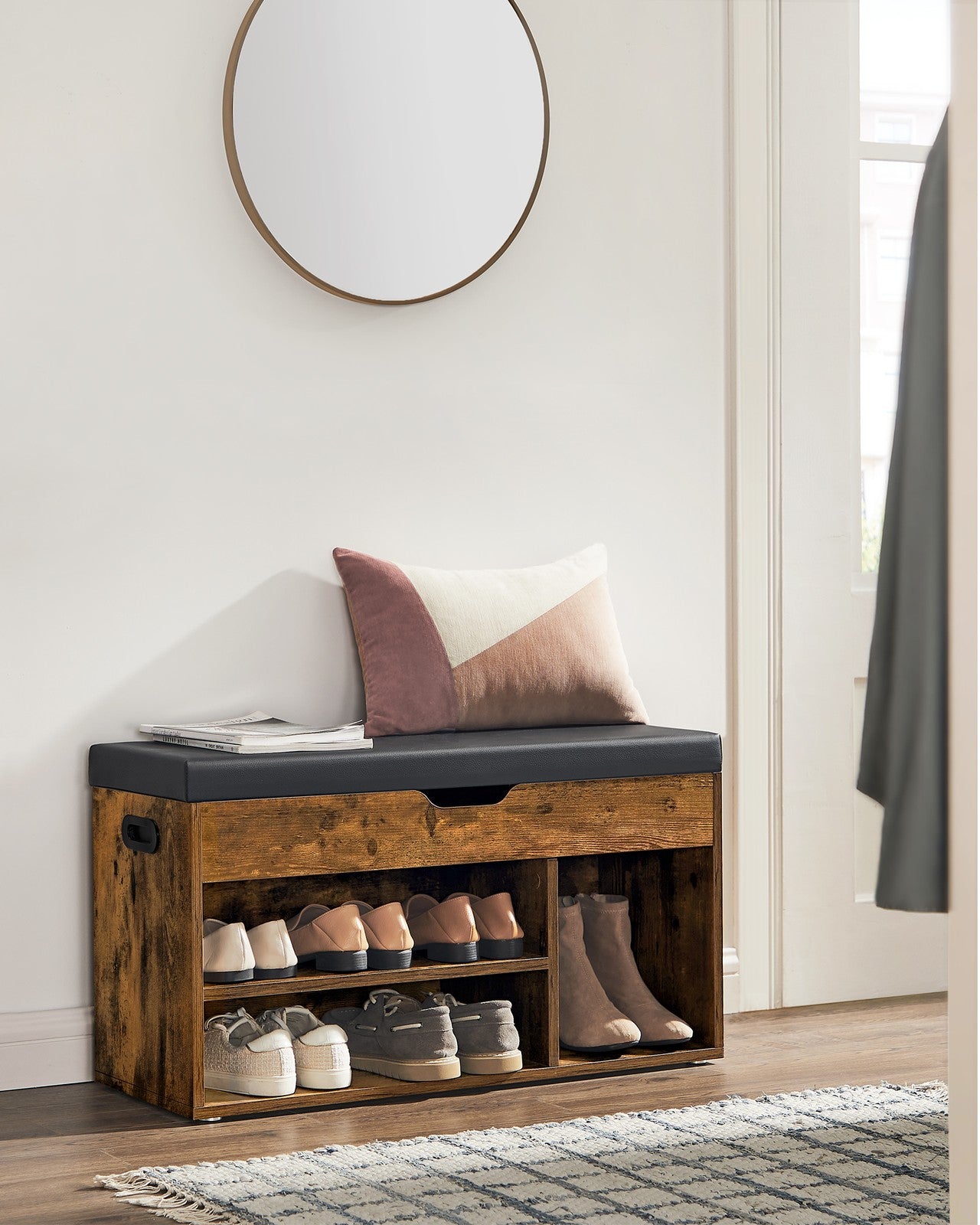 3 Compartments Shoe Bench - Chipboard and Foam - Rustic Brown
