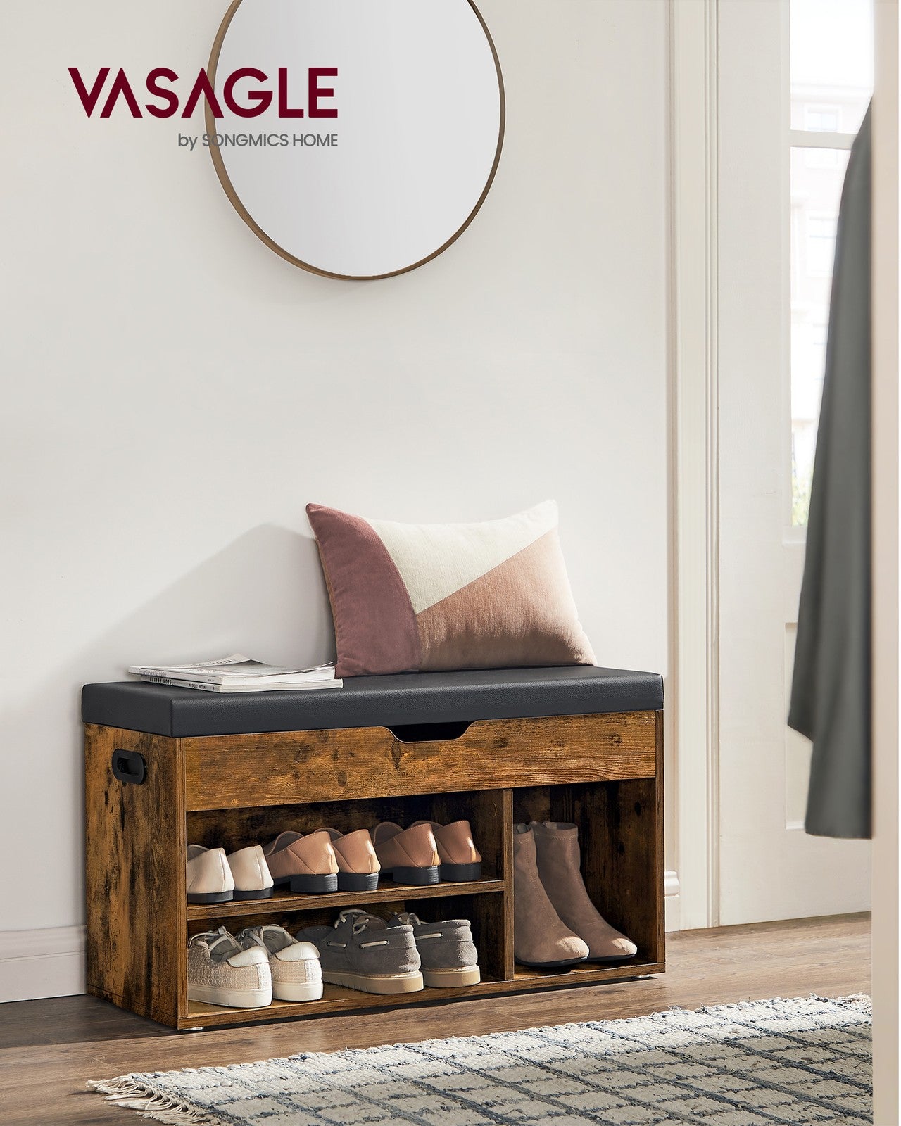 3 Compartments Shoe Bench - Chipboard and Foam - Rustic Brown