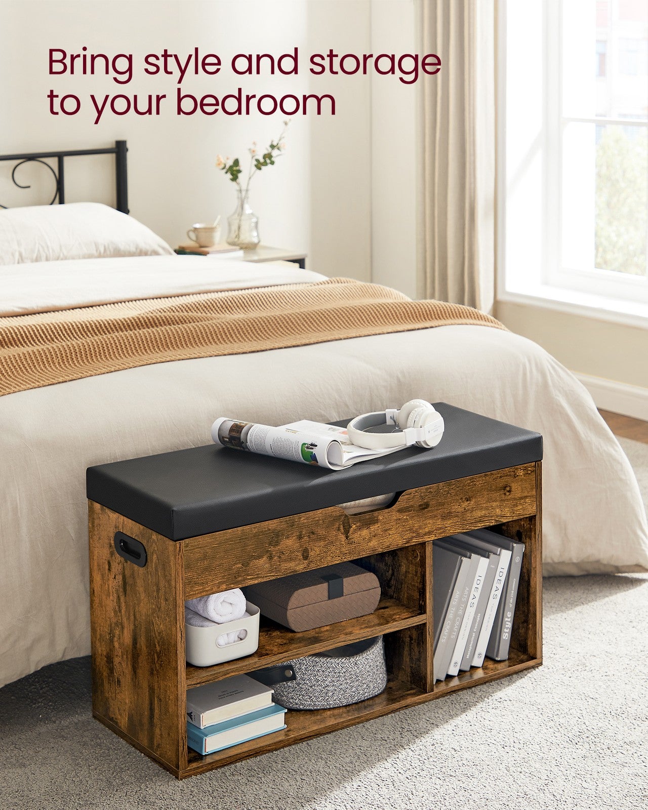 3 Compartments Shoe Bench - Chipboard and Foam - Rustic Brown