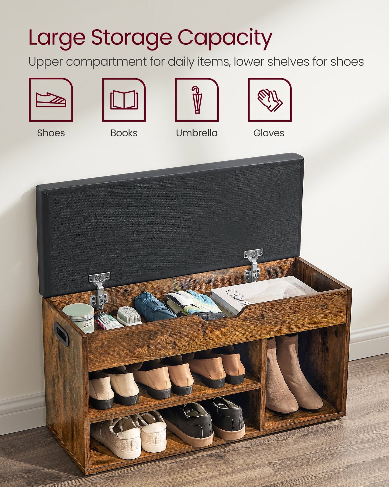 3 Compartments Shoe Bench - Chipboard and Foam - Rustic Brown