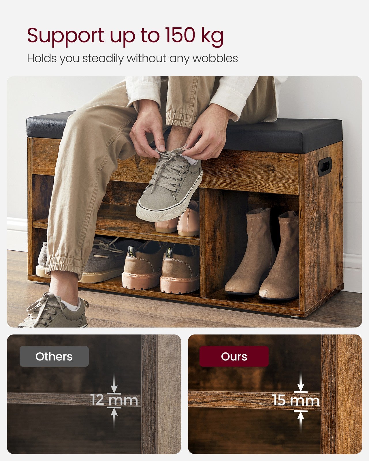 3 Compartments Shoe Bench - Chipboard and Foam - Rustic Brown