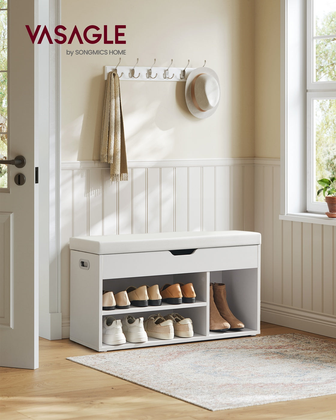 Shoe Bench - Chipboard - White - with Cushion 3 Compartments