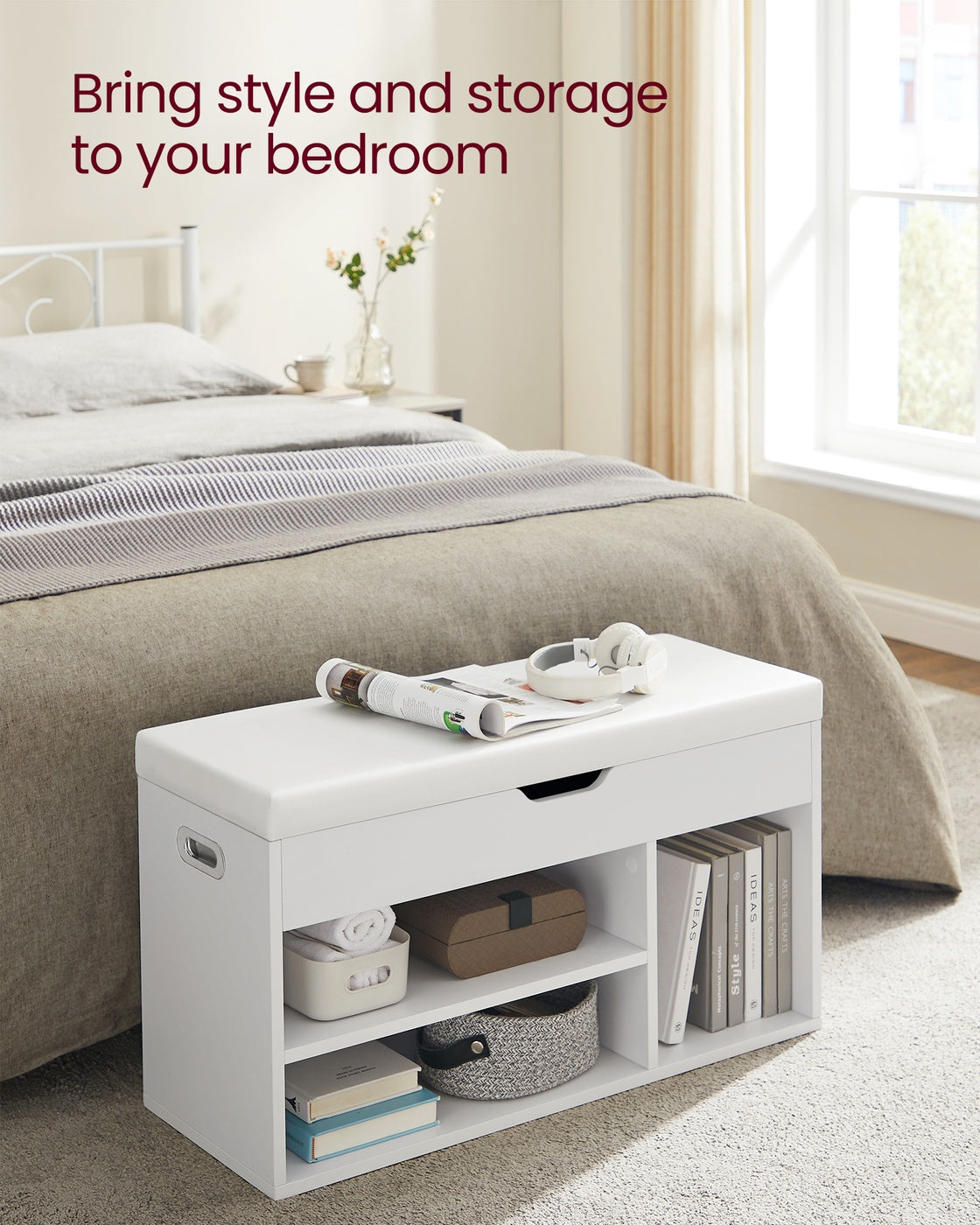 Shoe Bench - Chipboard - White - with Cushion 3 Compartments