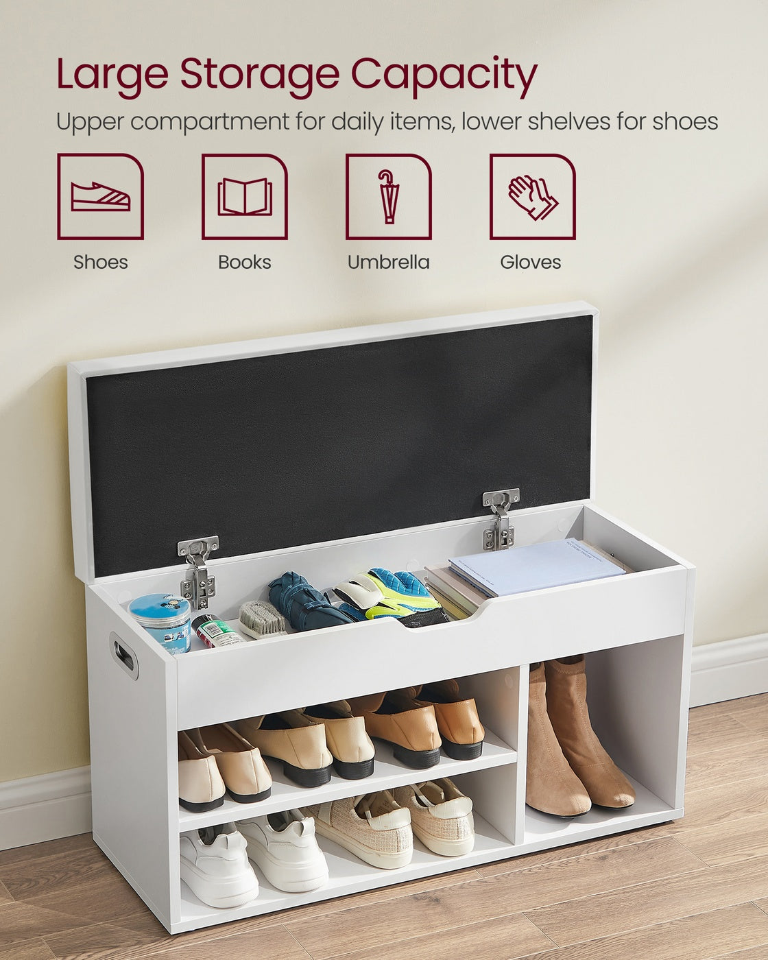 Shoe Bench - Chipboard - White - with Cushion 3 Compartments