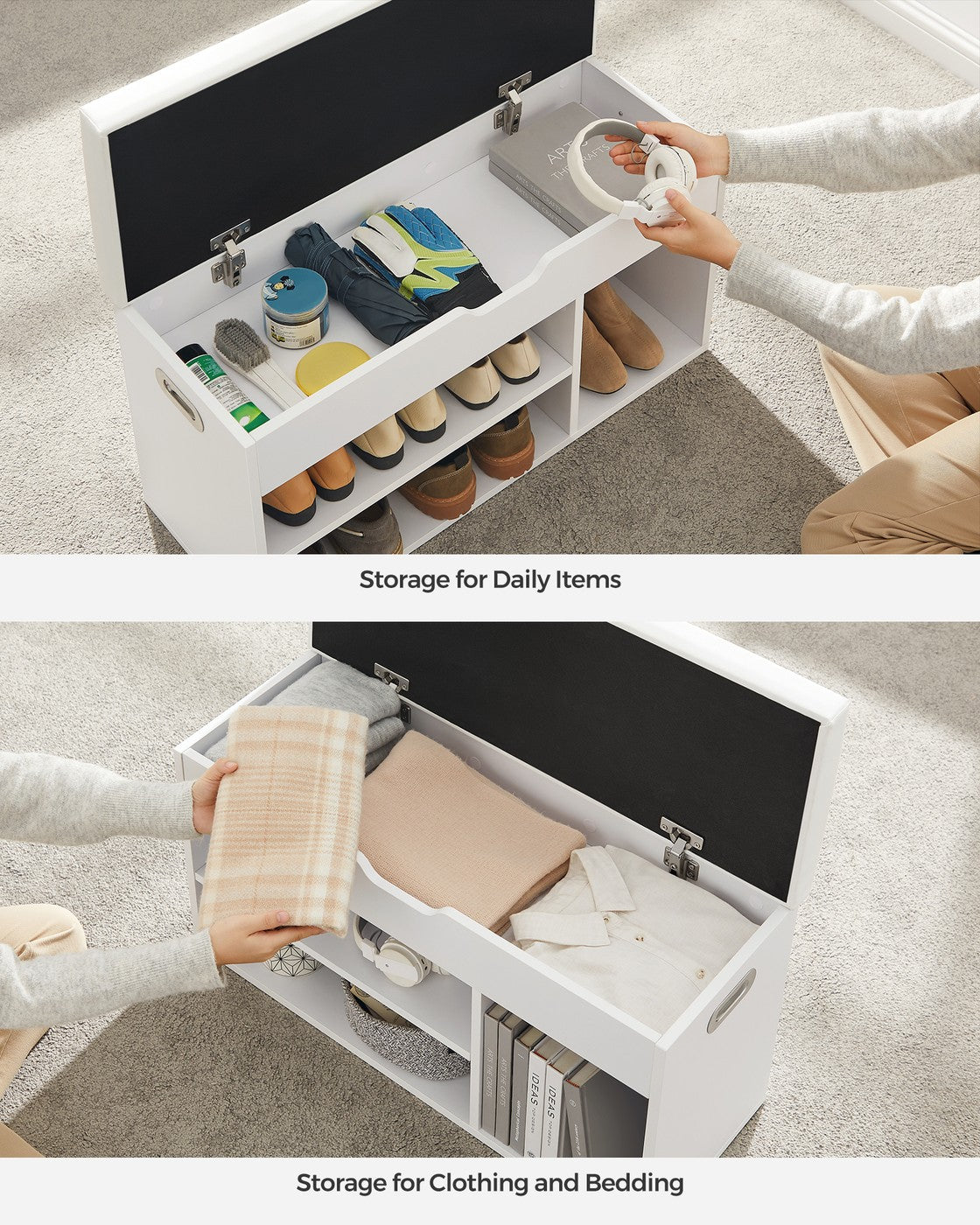 Shoe Bench - Chipboard - White - with Cushion 3 Compartments