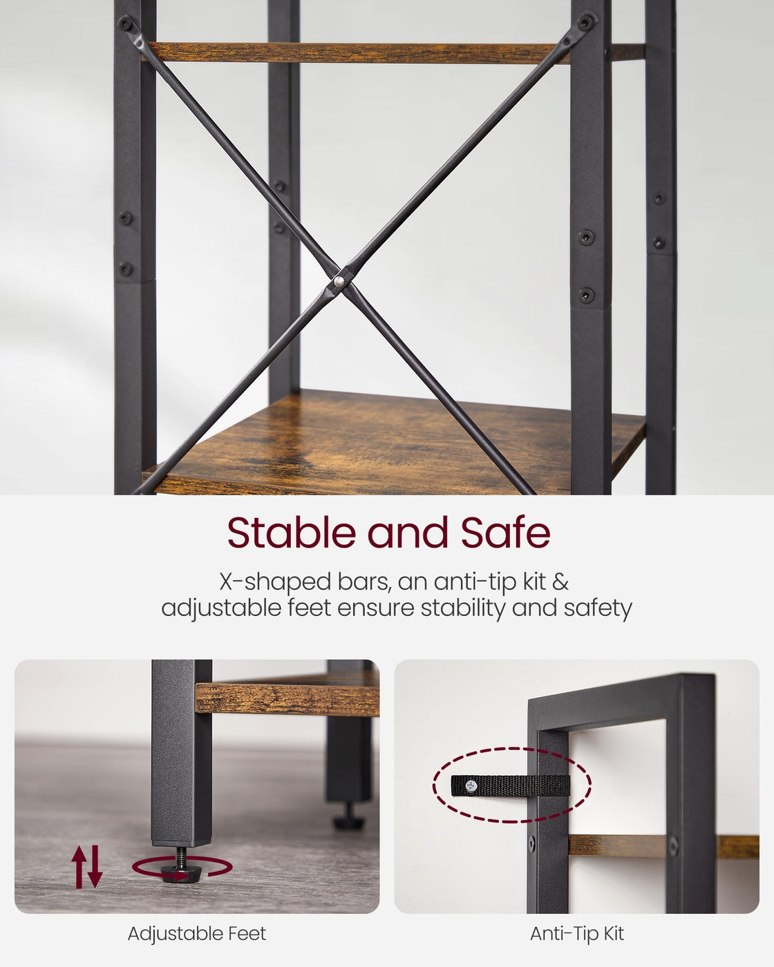 6-Tier Bookshelf - Wood and Steel - Rustic Brown and Ink Black