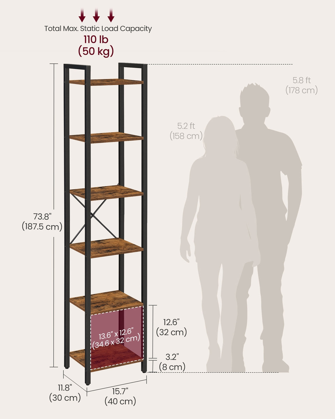 6-Tier Bookshelf - Wood and Steel - Rustic Brown and Ink Black