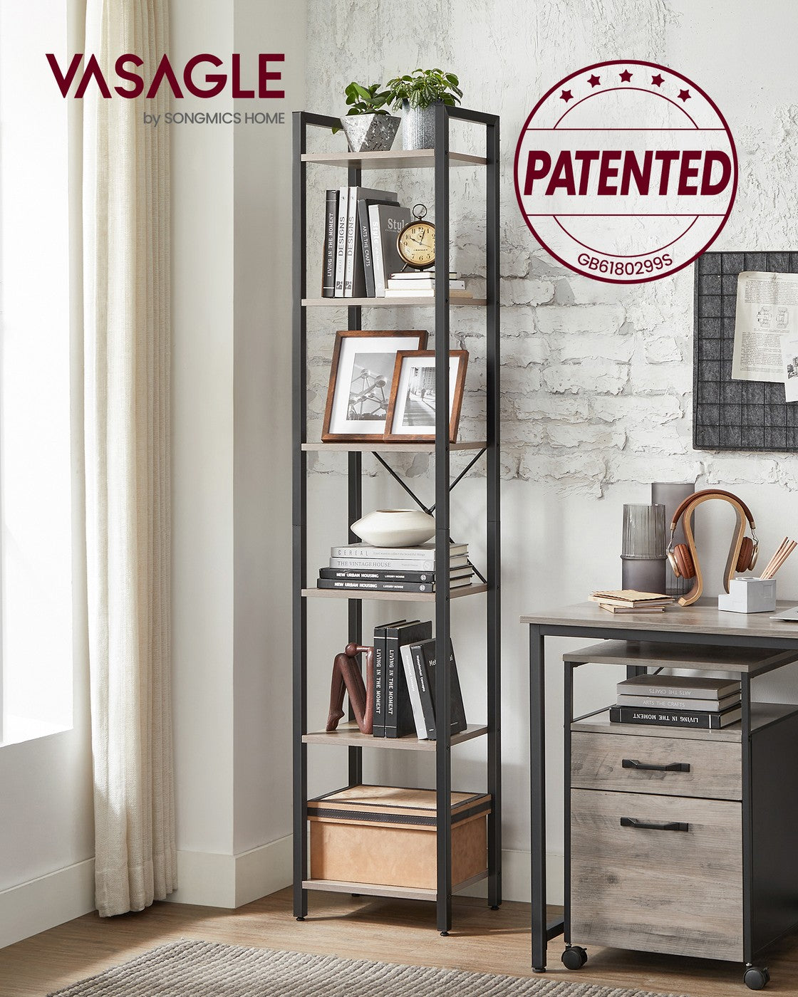 6-Tier Bookshelf, , Heather - Wood and Steel - Greige and Ink Black