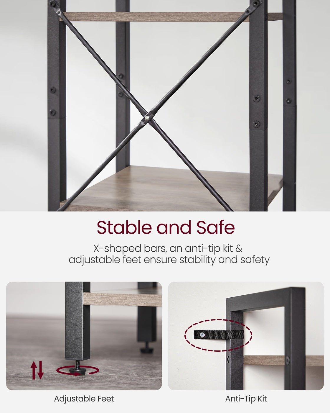 6-Tier Bookshelf, , Heather - Wood and Steel - Greige and Ink Black
