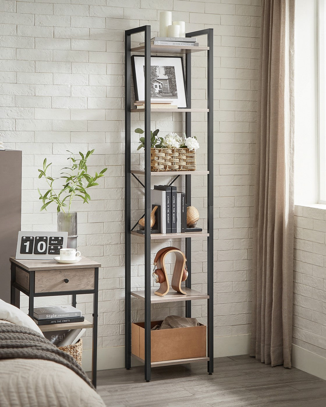 6-Tier Bookshelf, , Heather - Wood and Steel - Greige and Ink Black