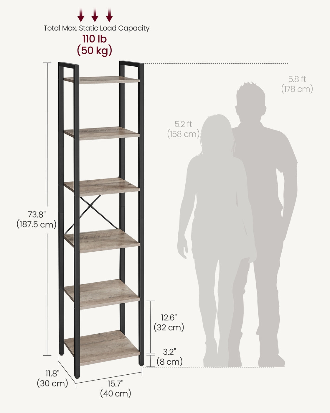 6-Tier Bookshelf, , Heather - Wood and Steel - Greige and Ink Black