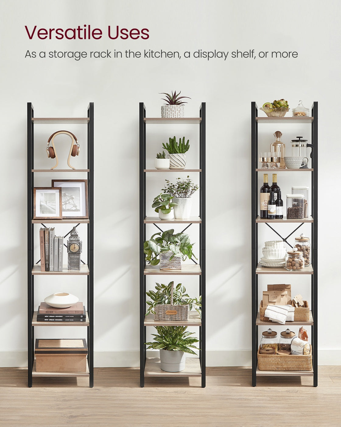 6-Tier Bookshelf, , Heather - Wood and Steel - Greige and Ink Black