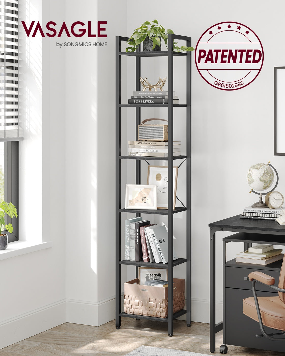 6-Tier Bookshelf, , Black - Particleboard and Steel - Ebony Black