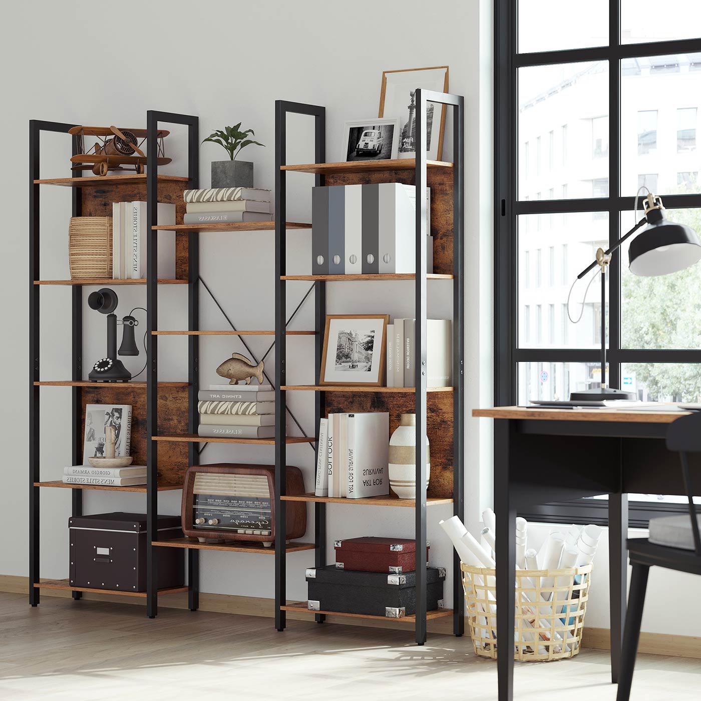Large Bookshelf - Wood and steel - Vintage Brown-black