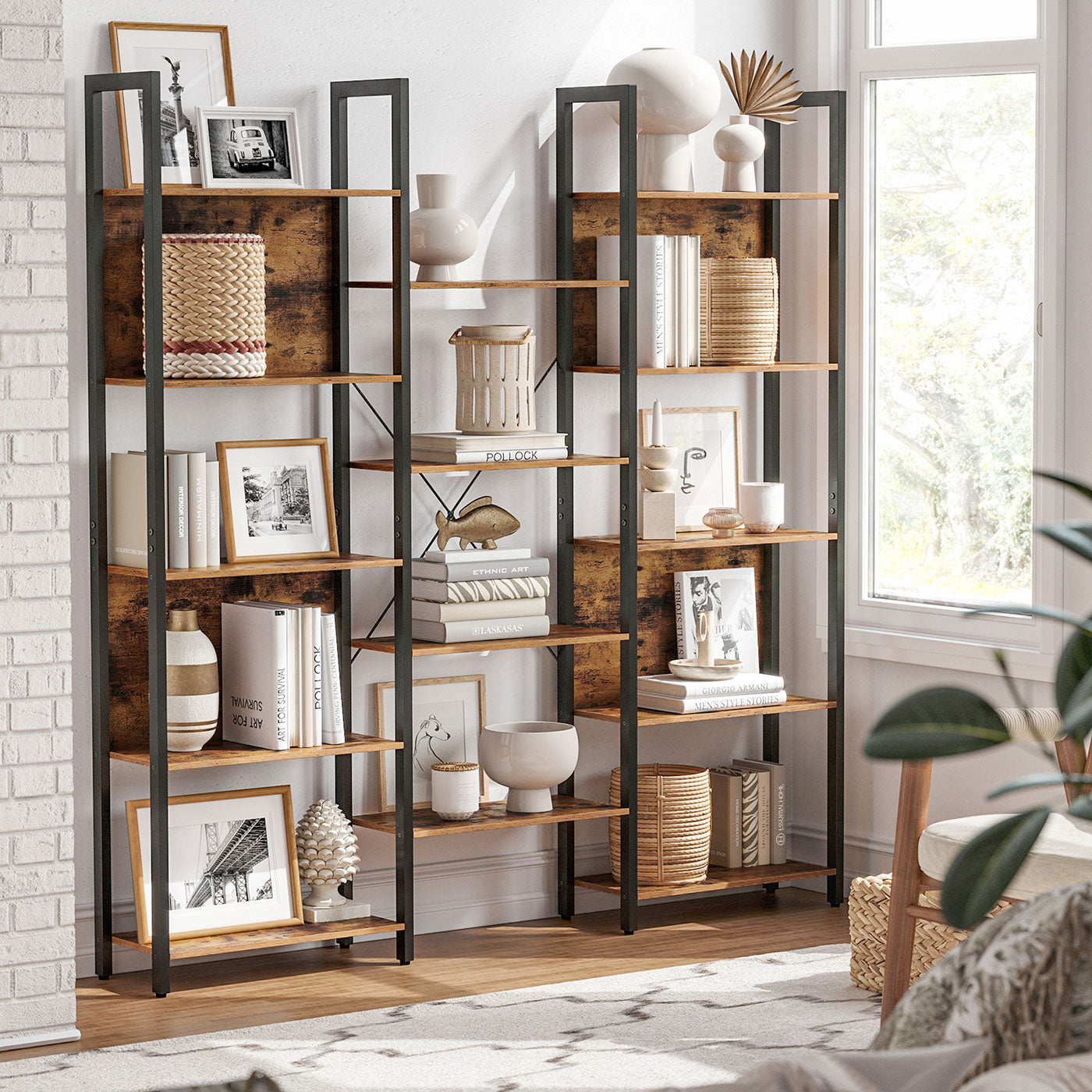 Large Bookshelf - Wood and steel - Vintage Brown-black