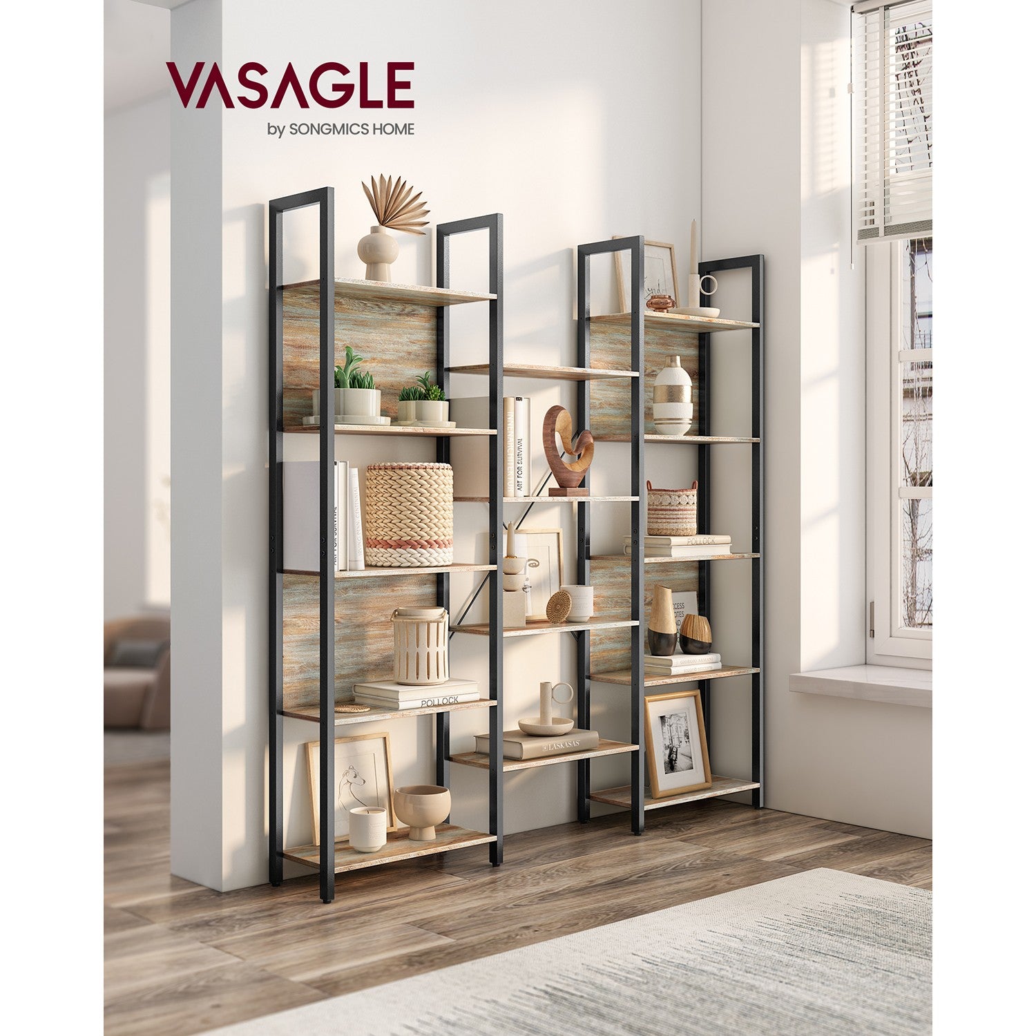 Bookshelf - Wood and Steel - Oak With Blue Grains - with 14 Shelves