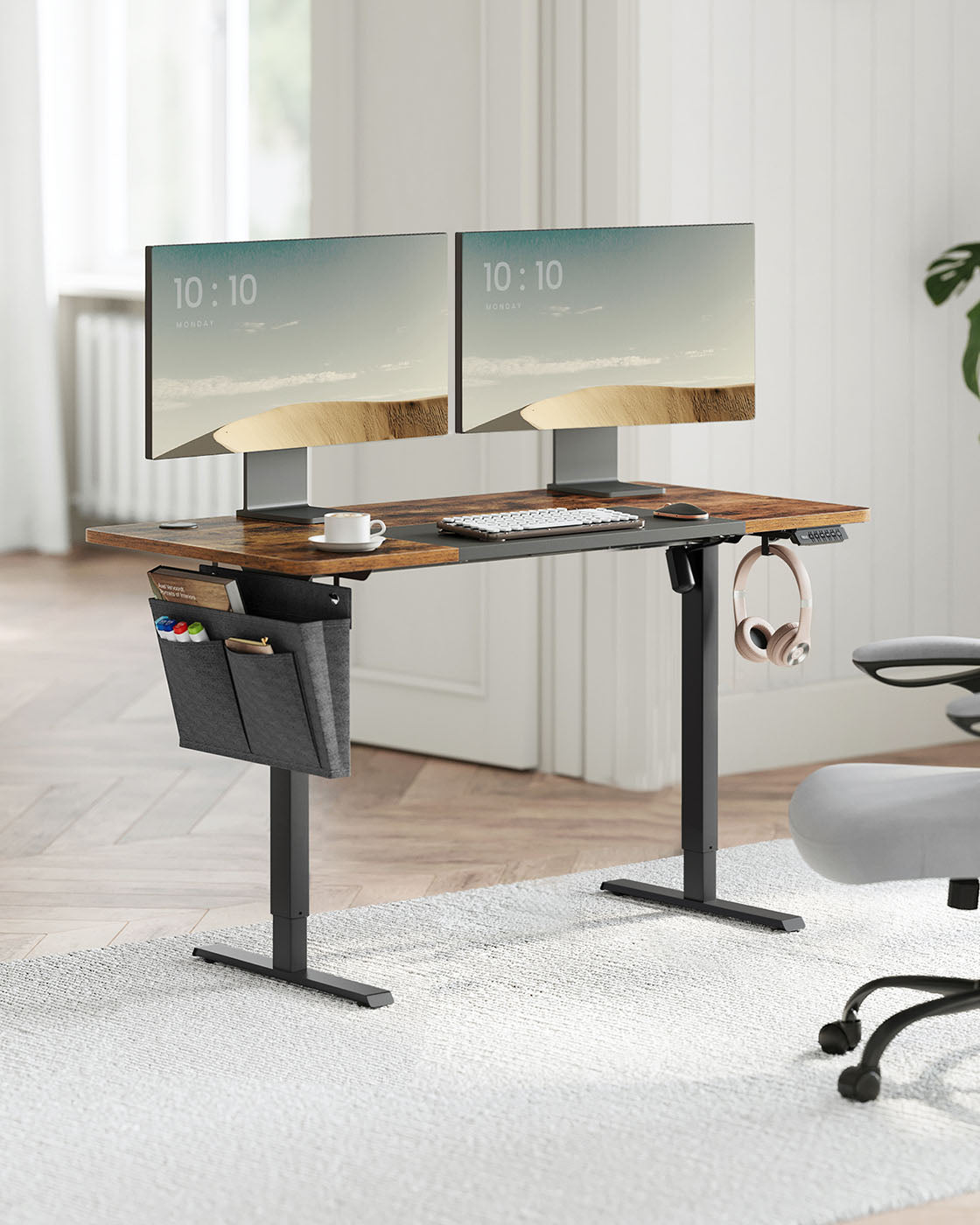 Electric Height Adjustable Standing Desk - Steel and Wood - Rustic Brown and Black - with Memory Settings