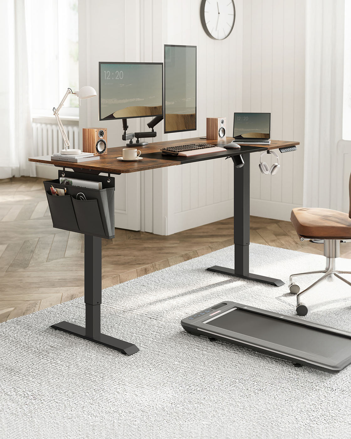 Electric Height Adjustable Standing Desk - Steel and Wood - Rustic Brown and Black - with Memory Settings
