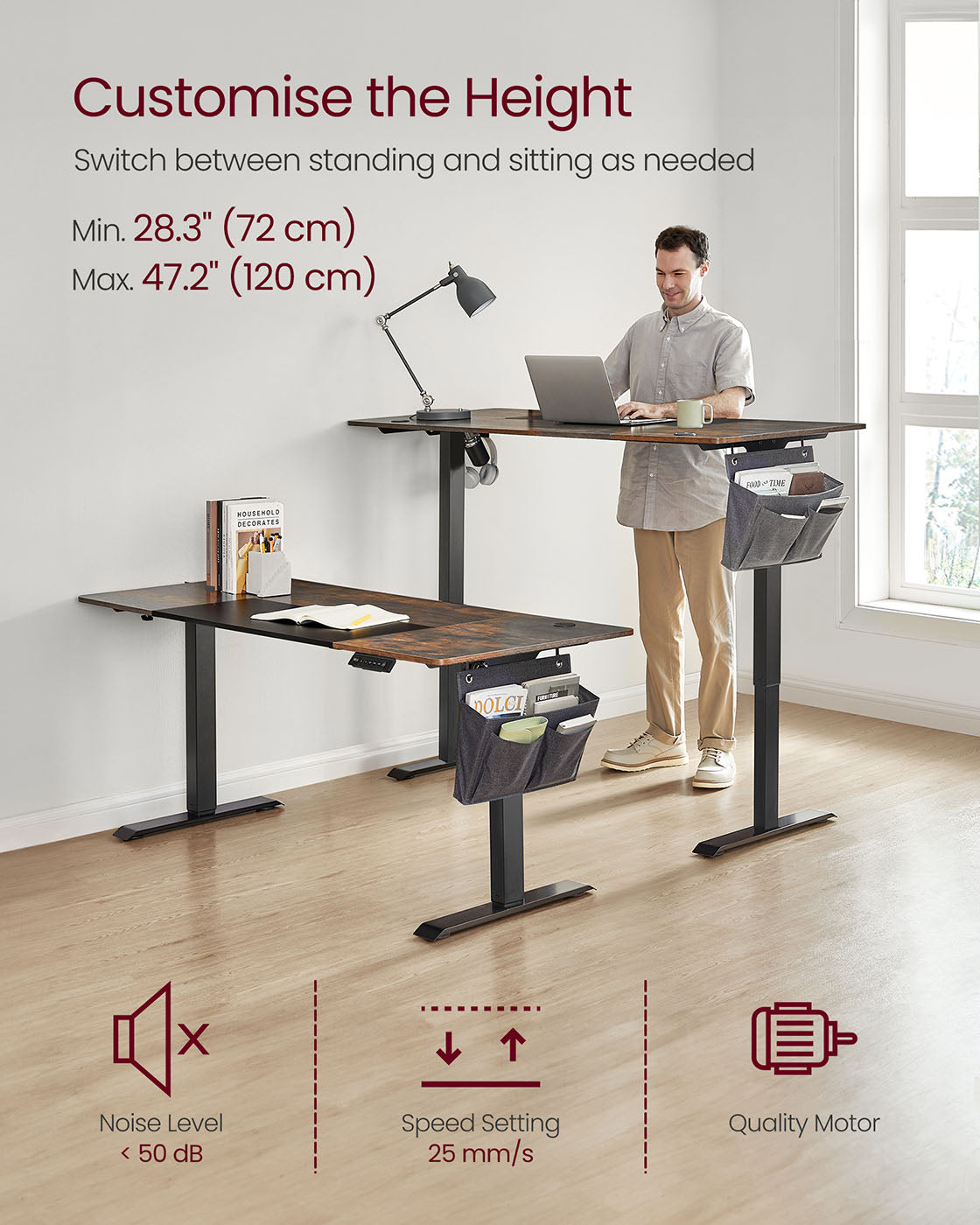 Electric Height Adjustable Standing Desk - Steel and Wood - Rustic Brown and Black - with Memory Settings