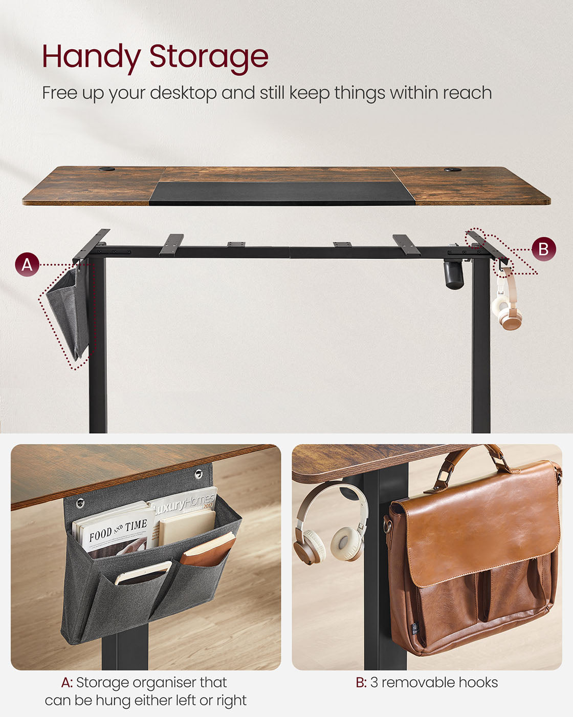 Electric Height Adjustable Standing Desk - Steel and Wood - Rustic Brown and Black - with Memory Settings