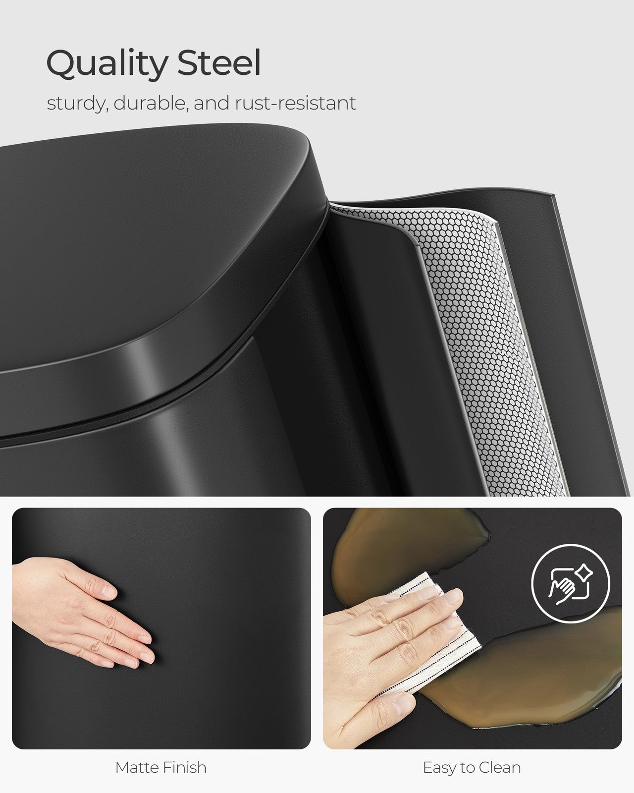 Black Step-On Trash Can for Kitchen - Steel Bin and Plastic Inner Bucket - Black