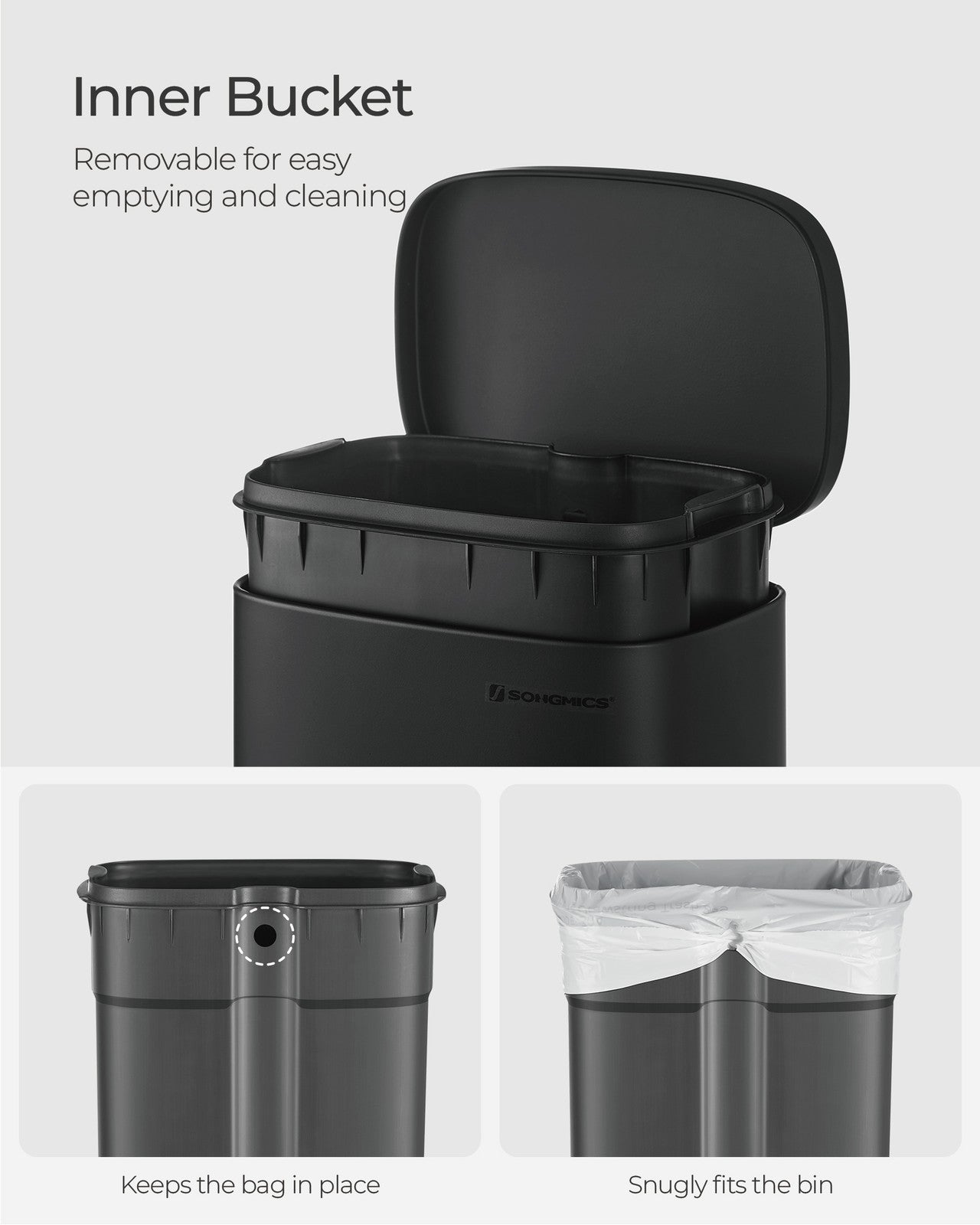 Black Step-On Trash Can for Kitchen - Steel Bin and Plastic Inner Bucket - Black