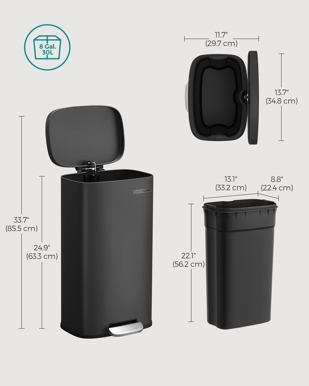 Black Step-On Trash Can for Kitchen - Steel Bin and Plastic Inner Bucket - Black