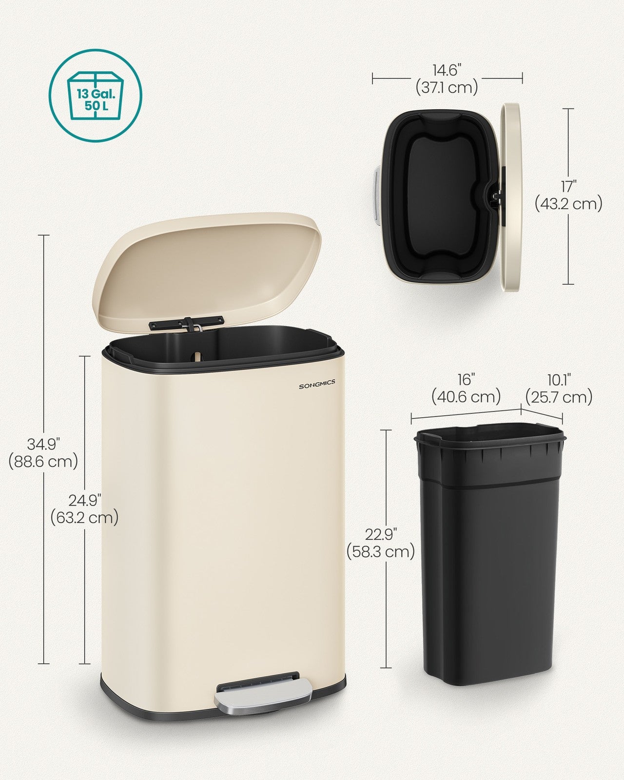 Step-On Pedal Bin for Kitchen - Steel Bin and Plastic Inner Bucket - Sand Beige