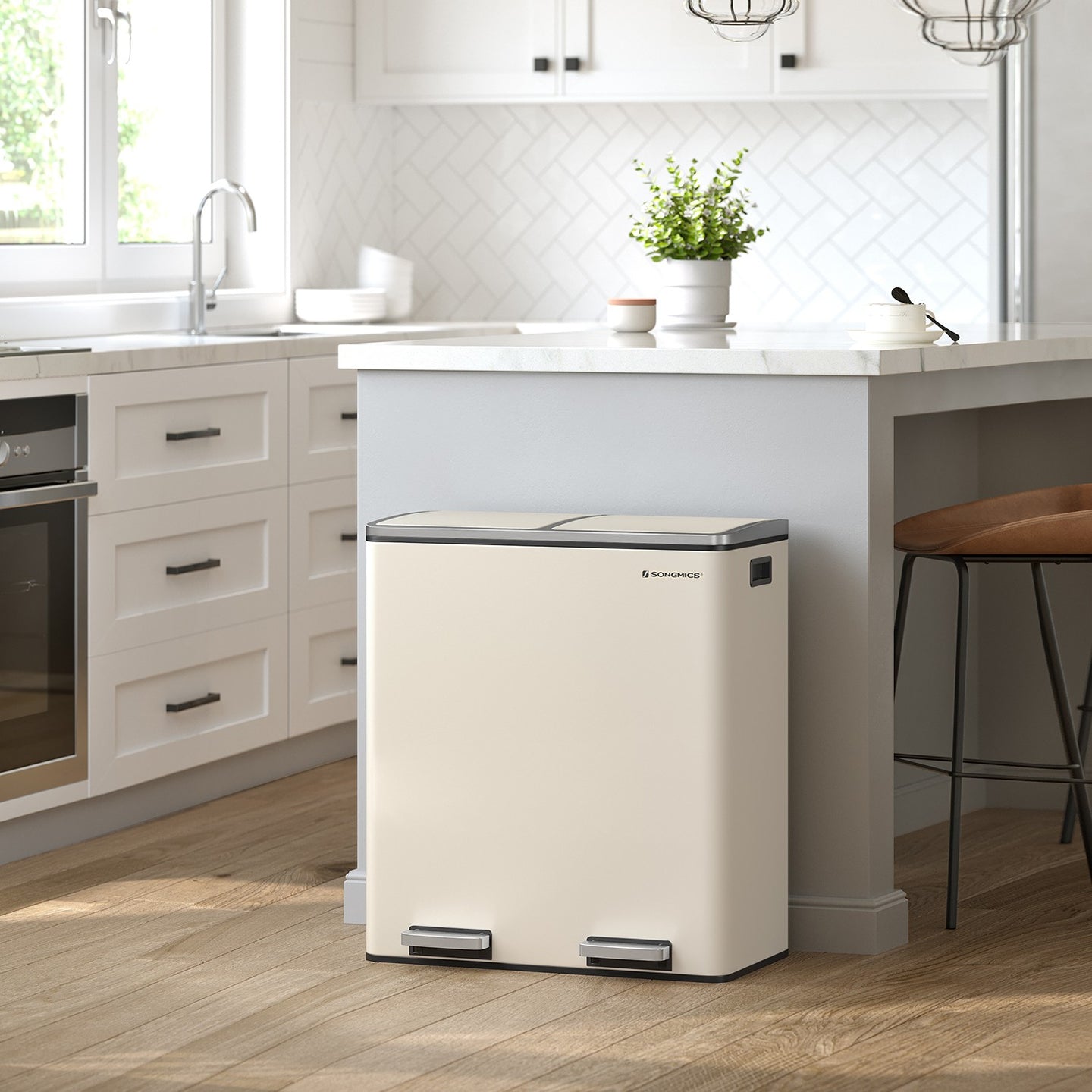 Cream Colour Step-Open Waste Bins - Steel Bin and Plastic Inner Bucket - Cloud