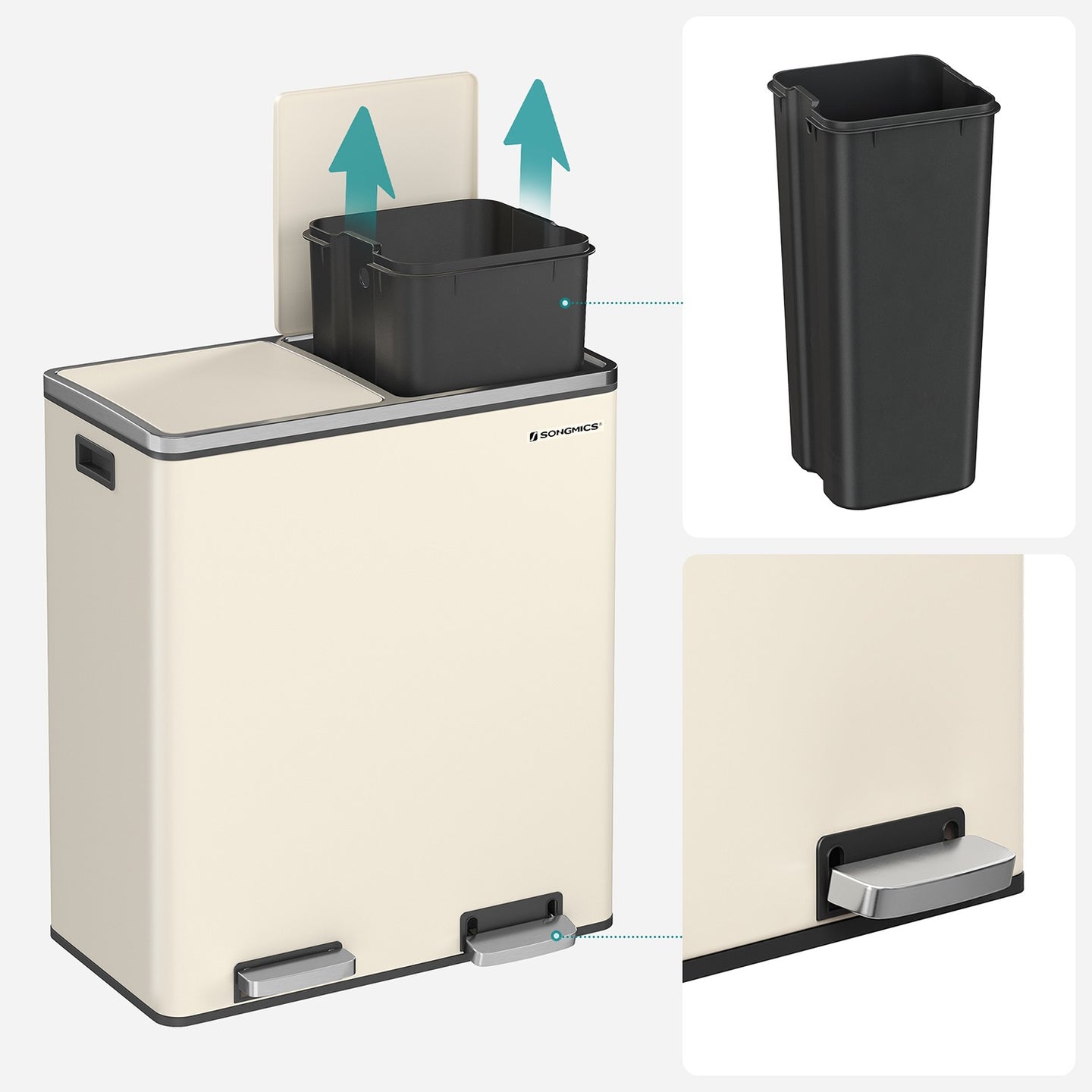 Cream Colour Step-Open Waste Bins - Steel Bin and Plastic Inner Bucket - Cloud
