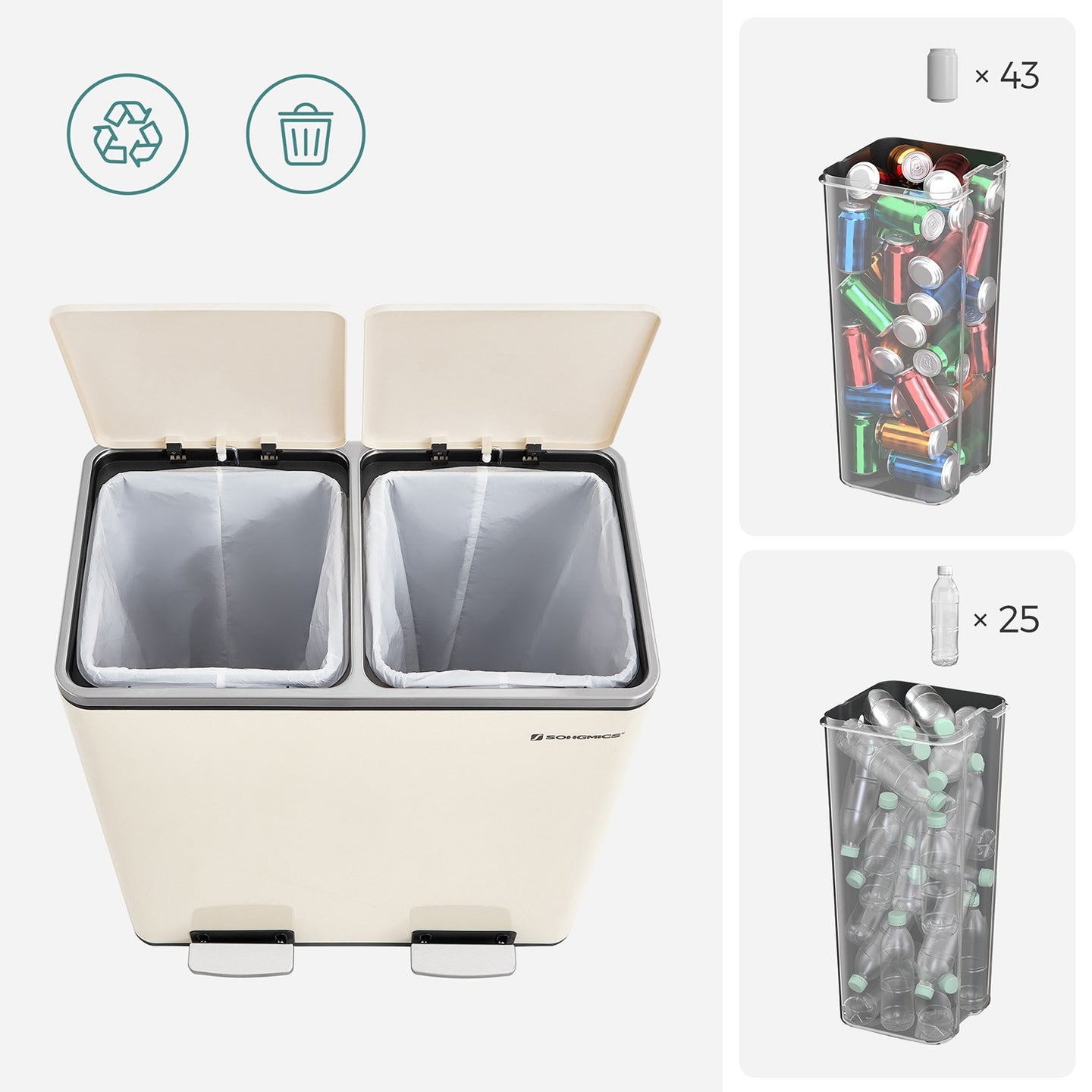 Cream Colour Step-Open Waste Bins - Steel Bin and Plastic Inner Bucket - Cloud