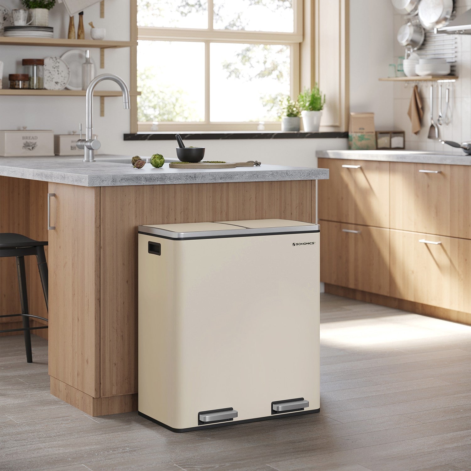 Cream Colour Step-Open Waste Bins - Steel Bin and Plastic Inner Bucket - Cloud
